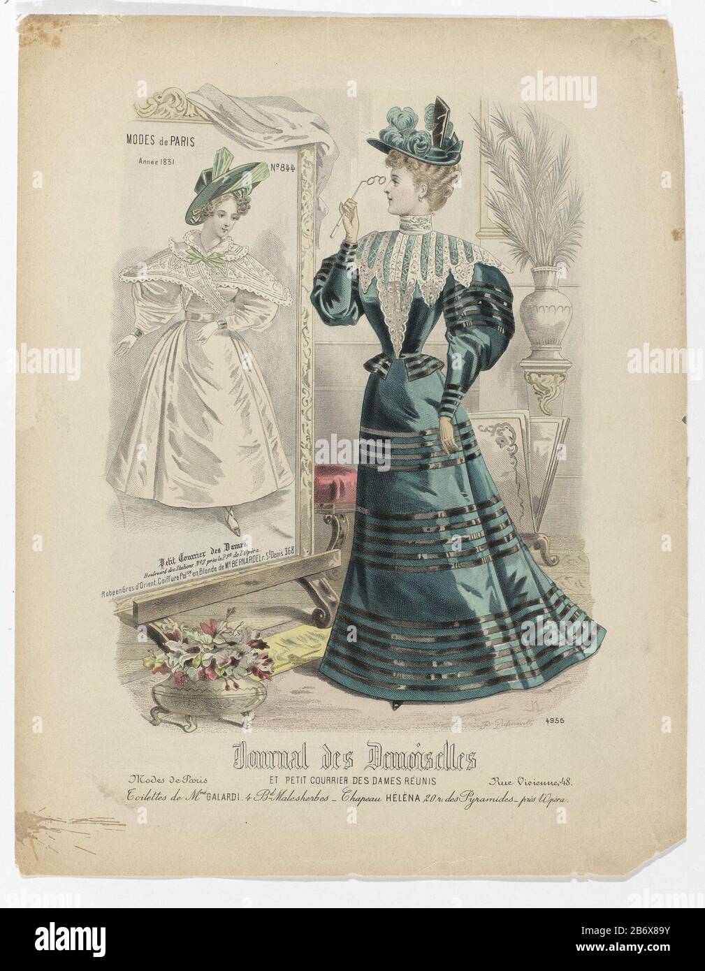 Journal des Demoiselles 1896, n° 4956 Toilette de Mme Galard une femme,  vêtue de la mode 1896, regardant une peinture ou une grande photo de mode  de lunettes à partir de 1831 (