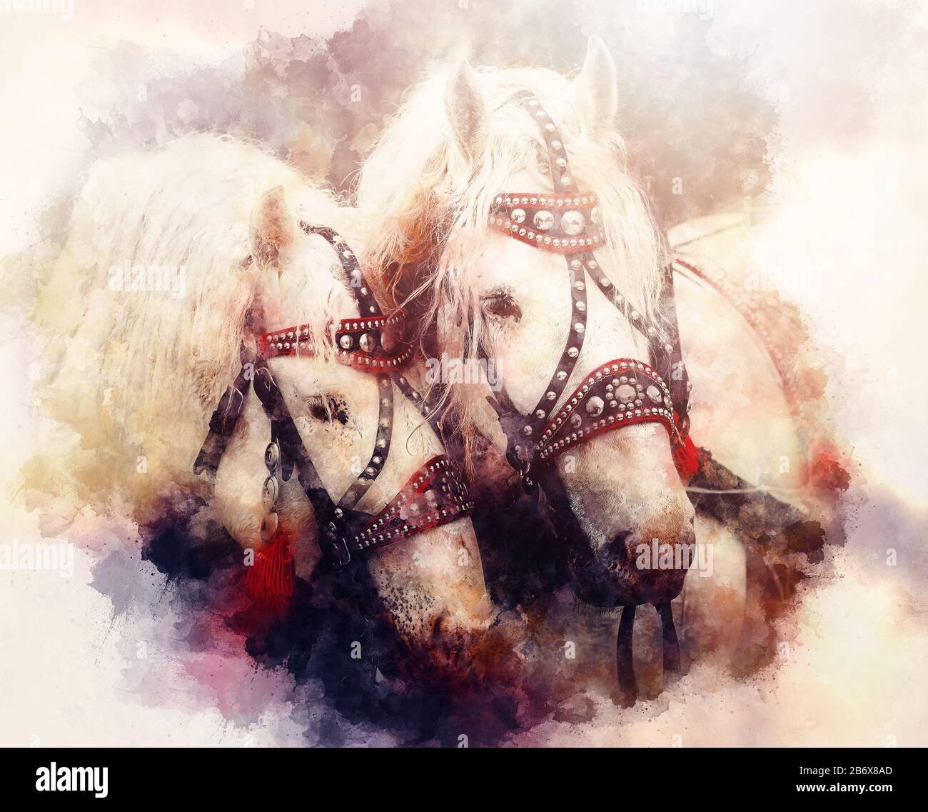 Deux portraits de cheval gros plan dans l'amour, l'amour du cheval, l'ancien effet photo. Banque D'Images