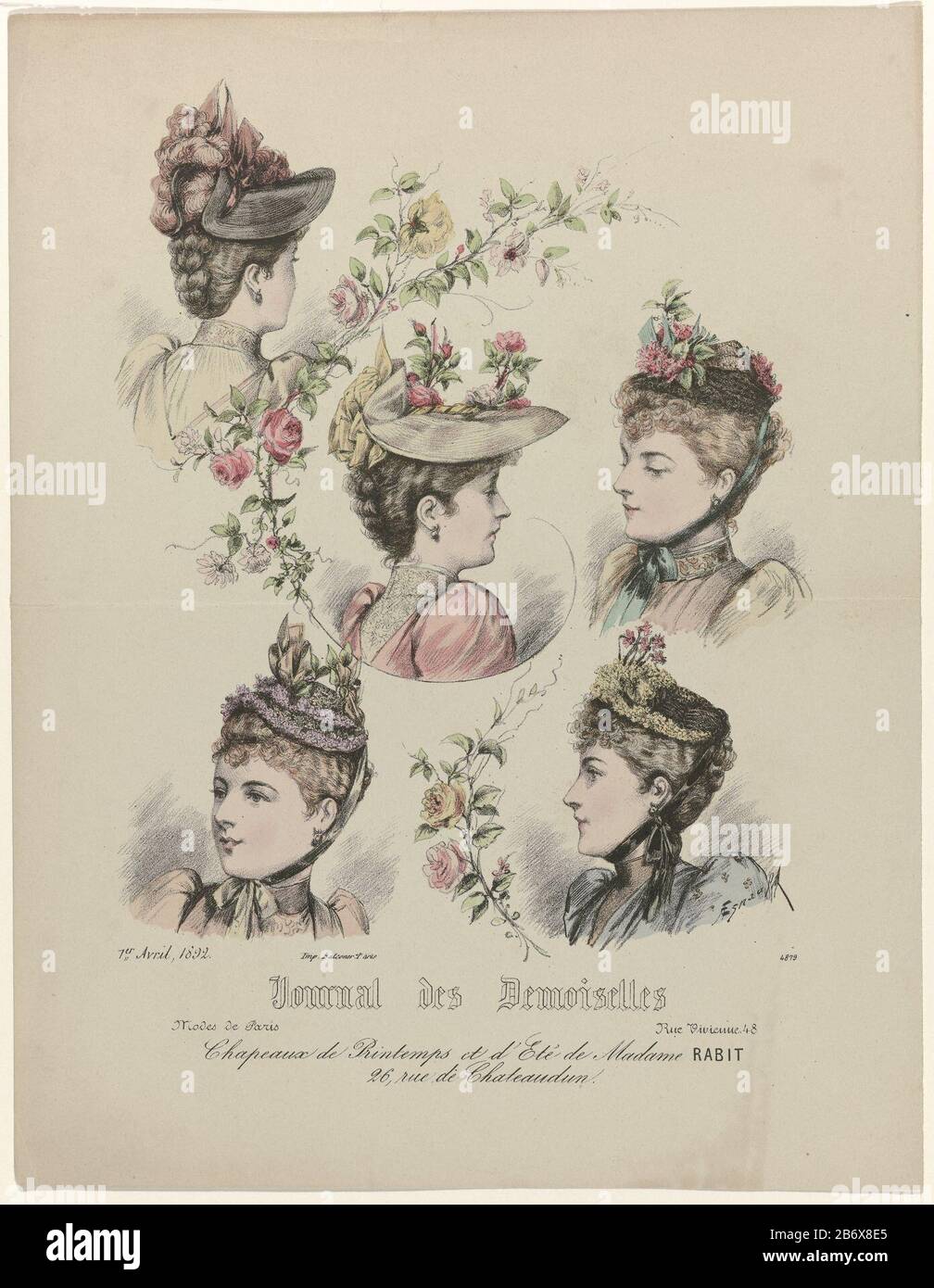 Journal des Demoiselles, 1 avril 1892, n° 4879 Chapeaux de Printemps ()  Cinq têtes femelles avec différents chapeaux. Selon la légende, chapeaux  pour le printemps et l'été de Madame Rabit. Imprimer le