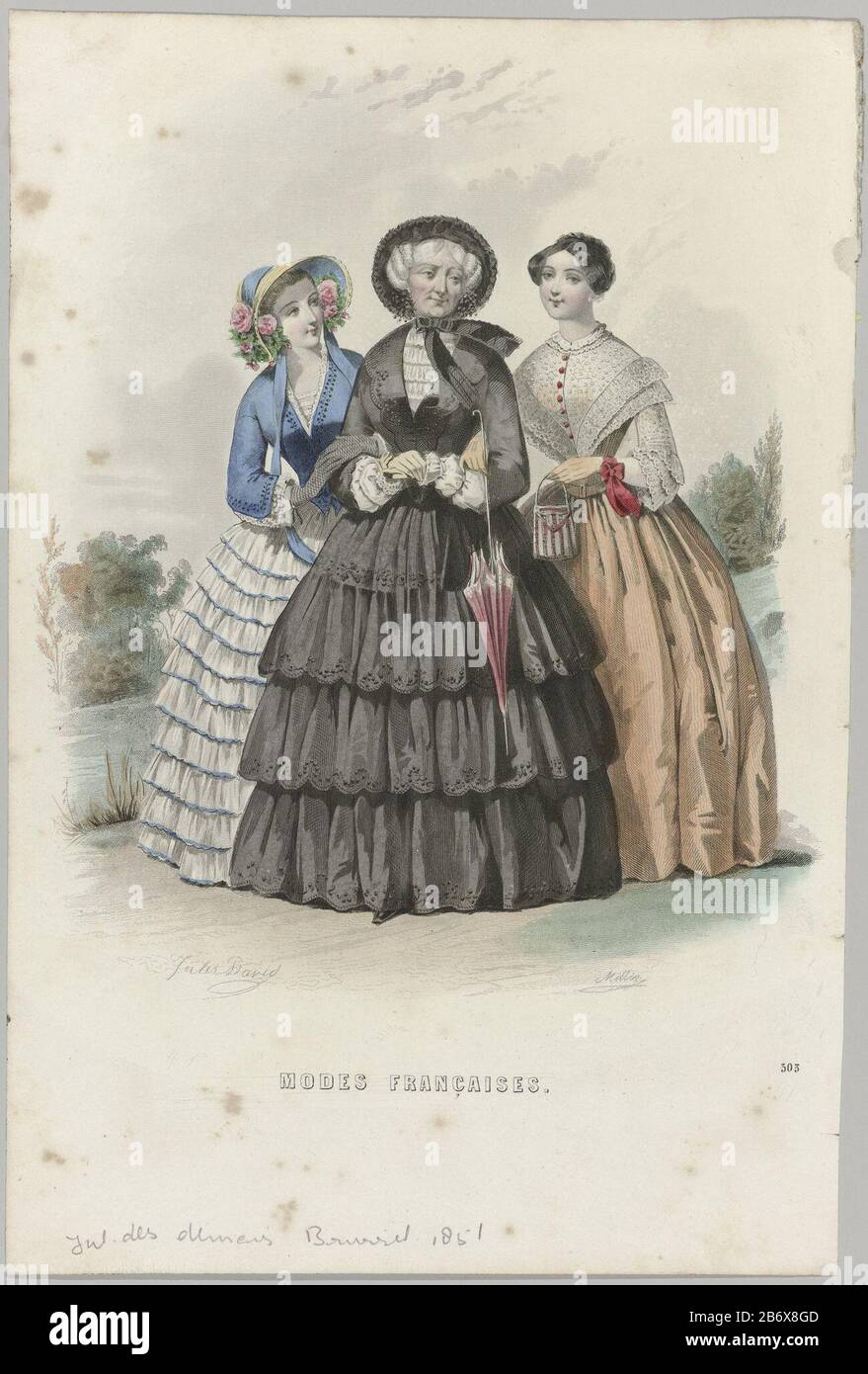 Une femme âgée marche bras dans le bras avec deux jeunes femmes. La femme de droite a un sac à main rayé. Imprimer le magazine de mode Journal des Demoiselles (1833-1922) . Fabricant : printmaker: Millin (propriété listée) au dessin: Jules David (1808-1892) (bâtiment listé) Lieu de fabrication: Paris Date: 1851 Caractéristiques physiques: Engraa, avec des matériaux de couleur manuelle: Technique du papier: Engraa (procédé d'impression) / mesures de couleur à la main: Feuille: H 262 mm × W 176 mm Sujet: Plaques de mode tête-engrenage: bonnet (+ vêtements pour femmes) jupe (+ vêtements pour femmes) vêtements pour la partie supérieure, ou le corps: b Banque D'Images