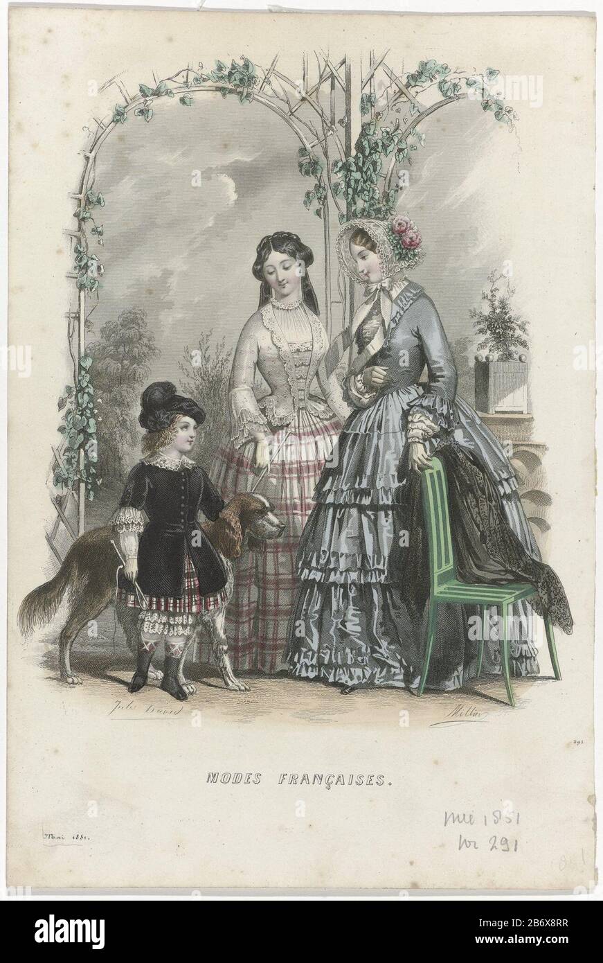 Modes: Deux femmes et un enfant avec chien sous une pergola. Imprimer le magazine de mode Journal des Demoiselles (1833-1922) . Fabricant : printmaker: Millin (propriété listée) au dessin: Jules David (1808-1892) (bâtiment listé) Lieu de fabrication: Paris Date: 1851 Caractéristiques physiques: Engraa, avec des matériaux de couleur manuelle: Technique du papier: Engraa (procédé d'impression) / mesures de couleur à la main: Feuille: H 262 mm × W 176 mm Sujet: Plaques de mode tête-engrenage: Chapeau (+ vêtements pour femmes)-équipement: chapeau (+ vêtements pour enfants) vêtements, costume (+ vêtements pour enfants) cou-équipement  vêtements (+ vêtements pour femmes) gant Banque D'Images