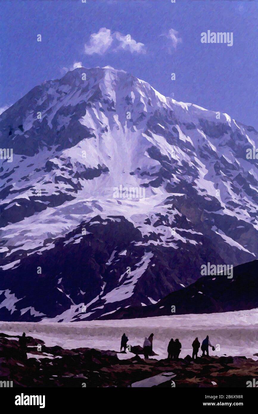 Peintures numériques: Glacier Pindari-29 Peinture numérique du glacier Pindari- Camping Des Touristes au glacier Pindari à Garhwal Himalaya à Uttarakhmain. Banque D'Images