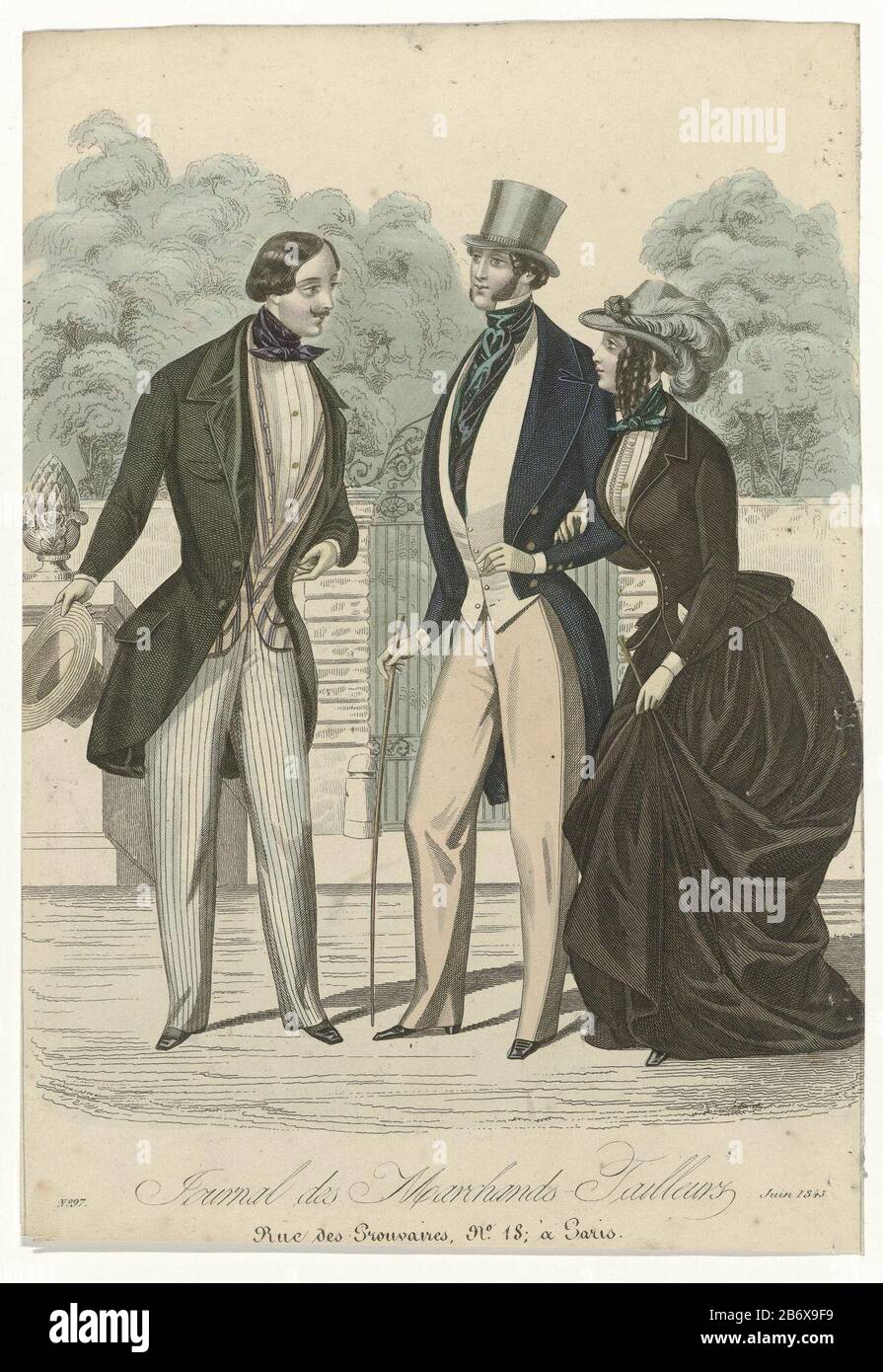 Journal des Marchands Tailleurs, juin 1845, no 97 Un bras dans un couple de bras parle à un homme avec un chapeau de tête et de canne à main. Gauche : veste avec col et revers sur un gilet rayé et un pantalon rayé. Cravat noué. Moyenne : veste avec col et revers sur une veste et un pantalon long. Cravate noire. Accessoires : chapeau de tête, canne, chaussures avec talons et orteils carrés. La femme porte un costume amazonensis (rijkostuum), composé d'une veste avec col ou lapel, au milieu devant une rangée de boutons, peplum. Chemisier avec jagot. Jupe avec train, elle s'arrête à la main. Accessoires : chapeau avec ros Banque D'Images