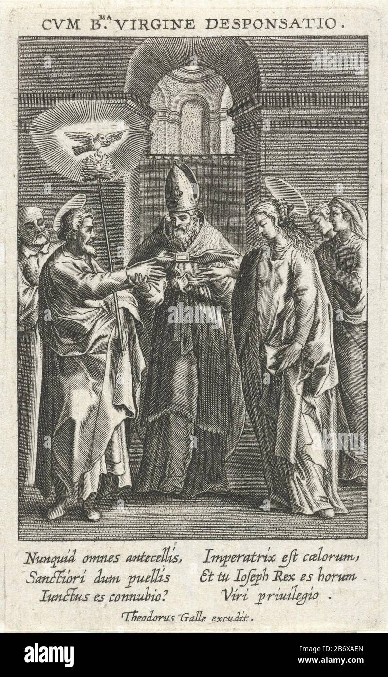 Jozefs roede in bloei Cvm B Virginie Desponsatio (titre op object) Taferelen it het leven van de Heilige Familie (servietitel) Maria doit choisir parmi plusieurs souliers. Joseph canne s'épanouit et ceci est vu comme un signe de Dieu. Le bâton est une colombe (le Saint-Esprit) apparue. L'imprimé a une légende latine et fait partie d'une série de seize parties avec des scènes de la vie de la Sainte famille. Fabricant : printmaker: Theodoor Galle (possible) éditeur: Theodoor Galle (propriété cotée) Lieu de fabrication: Anvers Date: 1581 - 1633 Caractéristiques physiques: Matériel automobile: Papier technique: Engraa (impression proc Banque D'Images