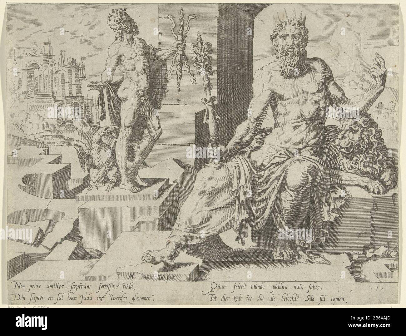 Juda Twaalf zonen van Jakob (servietitel) JudaTwaalf fils de Jacob (titre de la série) Type de bien: Imprimer Numéro de série: 1 / 12Objectnummer: RP-P-BI 6556XCatalogusreferentie: Hollstein Néerlandais 46New Holllstein Néerlandais 5mmerking: Heemskerckstraat Description: Juda, le quatrième fils de la tribu et le père principal d'Israël. Sa réputation est soulignée par le sceptre dans sa main et la couronne sur sa tête. Un lion est à côté de lui. En arrière-plan une statue de Jupiter, le dieu en chef du panthéon romain. Tous ces attributs font référence à la bénédiction de Jacob de Juda dans Genèse 49. L'impression est par Banque D'Images