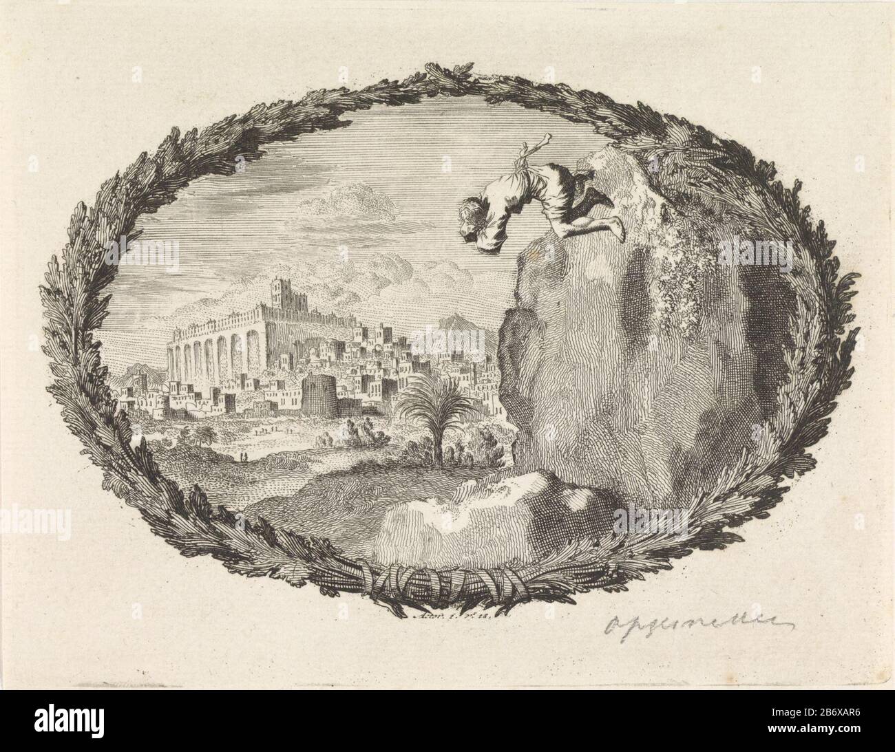 Judas werpt zich van een pourrit une performance dans une cartouche de branches de palmiers. Judas commet un suicide en jetant un rocher. Parmi les cartouche le manuel de référence de la Bible. 1: 18. Fabricant : printmaker Jan Luyken Editeur: Pieter Mortier (I) Lieu de fabrication: Amsterdam Date: 1700 Caractéristiques physiques: Matière de gravure: Technique du papier: Gravure Dimensions: Feuille: H 119 mm × W 152 mmToelichting Banque D'Images