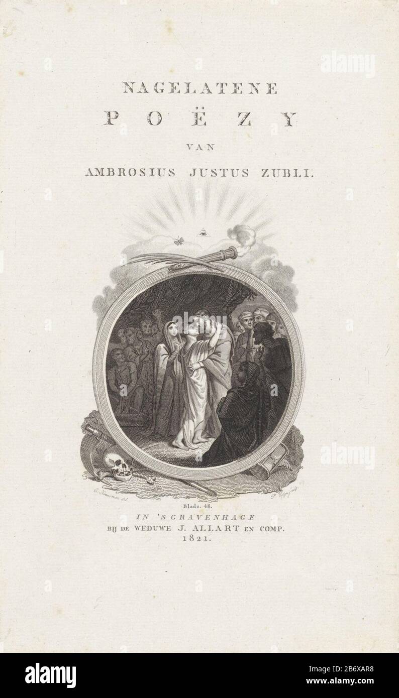 Parmi de nombreux spectateurs figure côte Judas Christ. Au-dessus de l'image une lampe torche éteinte, une branche de palmier et un papillon, Où: Au-dessus de l'oeil Voyant entouré de rayons. Parmi le loket avec l'image un sablier ailé, un scythe, et un schedel. Fabricant : Print Maker: Philippus Vellum (indiqué sur l'objet) au dessin de: Cornelis Krusemanstraat (indiqué sur l'objet) éditeur: John veuve Allart et Comp. (Montré sur l'objet) Lieu de fabrication: La Haye Date: 1821 Caractéristiques physiques: Gravure et engrame matière: Technique du papier: Gravure / engrasa (procédé d'impression) mesures: Plaque e Banque D'Images