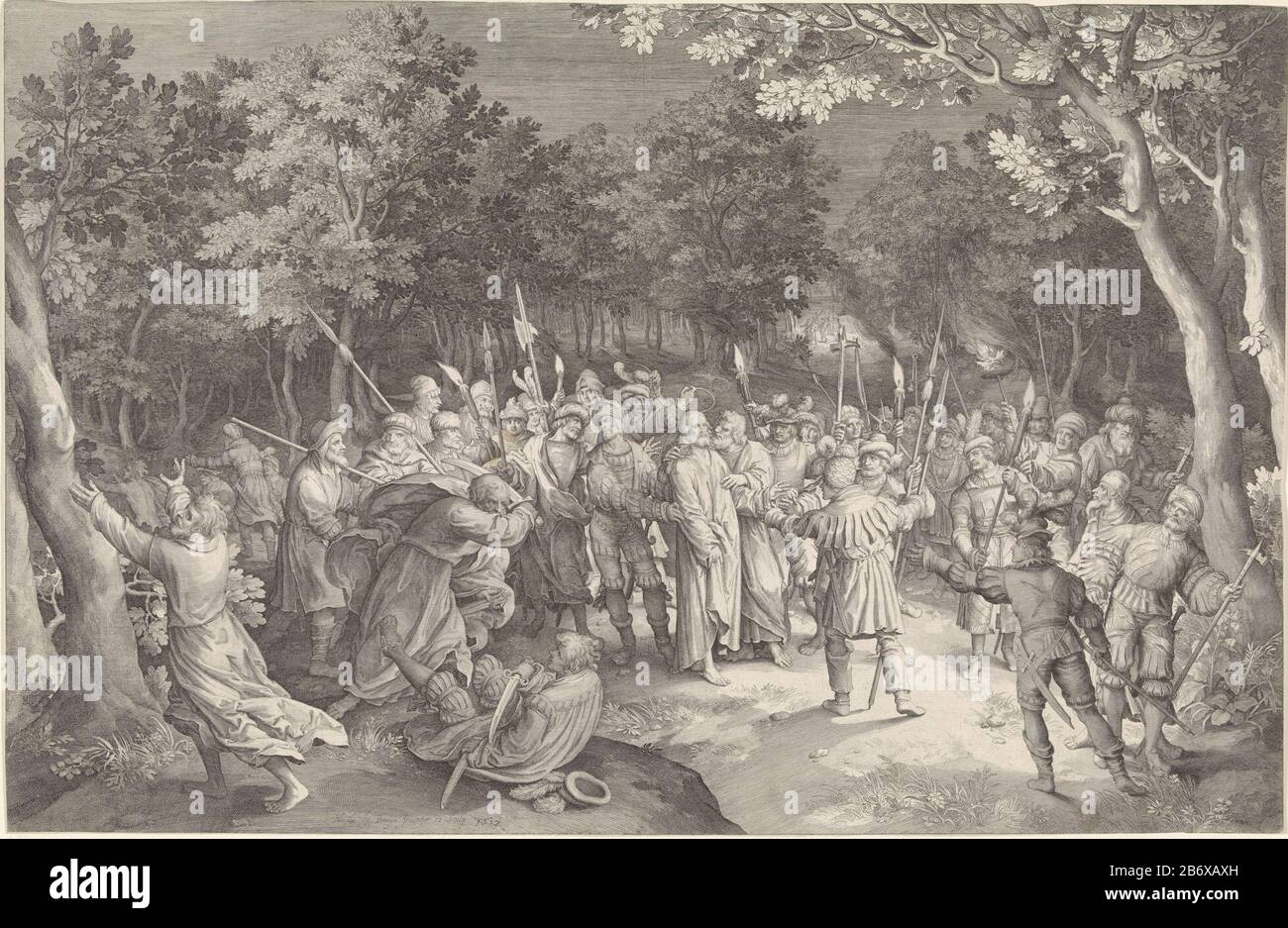 Judaskus en restauration van Christus Christ et ses disciples dans le jardin de Gethsemane. Christ Judas Kiss sur la joue. Les soldats l'entourent et l'arrêtent. Pierre essaie Christ de défendre et est l'un des soldats aan. Fabricant : printmaker: Nicolaes de Bruyn (propriété cotée) à la conception: Nicolaes de Bruyn (propriété cotée) Lieu de fabrication: Anvers Date: 1612 Caractéristiques physiques: Matière automobile: Technique du papier: Engraa (impression) Dimensions: Feuille b 662 mm x h 433 mm Objet: Le baiser de Judas: Accompagné de soldats avec des torches et des lanternes, il embrasse le Christ Pierre tire son épée Banque D'Images