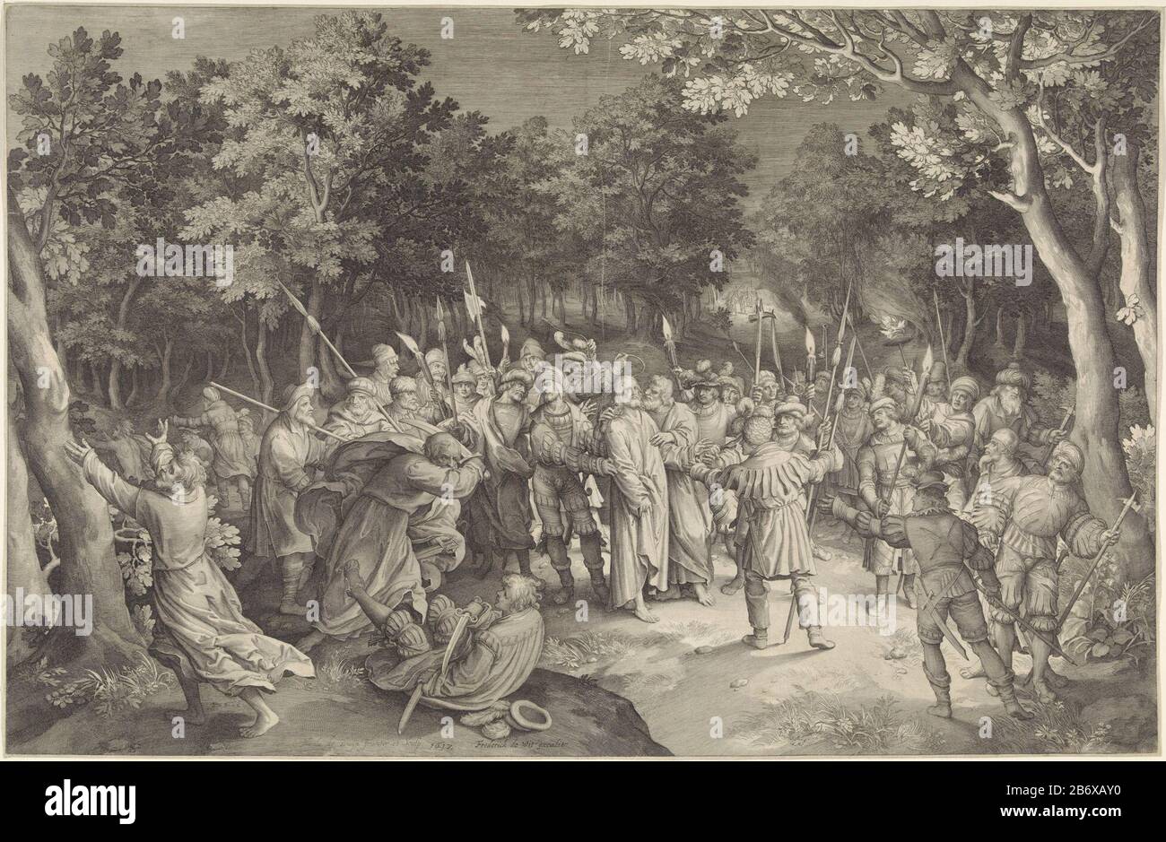 Judaskus en restauration van Christus Christ et ses disciples dans le jardin de Gethsemane. Christ Judas Kiss sur la joue. Les soldats l'entourent et l'arrêtent. Pierre essaie de défendre le Christ et est l'un des soldats aan. Fabricant : printmaker: Nicolaes de Bruyn (propriété cotée) à concevoir: Nicolaes de Bruyn (bâtiment classé) Editeur: Frederik de Wit (propriété cotée) Lieu de fabrication: Printmaker: Anvers Éditeur: Amsterdam Date: 1612 et / ou 1639 - 1706 Caractéristiques physiques: Matériel automobile: Technique papier engrab (impression) Dimensions: Feuille b 671 mm x h 439 mm Objet: Le baiser o Banque D'Images