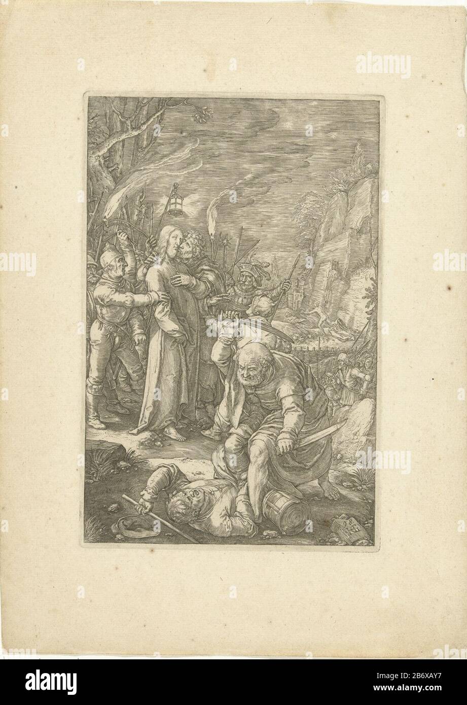 Judaskus en restauration van Christus Passie van Christus (servietitel) Christ est capturé par des soldats dans le jardin de Gethsemane. Judas l'embrasse sur la joue. Dans les côtelettes de premier plan Peter Malchus EAR af. Fabricant : printmaker: Hendrick Goltzius (bâtiment classé) dans sa conception: Hendrick Goltzius Inspiration: Lucas van Leyden Inspiration: Albrecht Dürer Éditeur: Hendrick Goltzius Éditeur: Frederick WitPlaats fabrication: Printmaker: Haarlem Éditeur: Haarlem Éditeur: Amsterdam Date: 1598 Caractéristiques physiques: Un matériau technique: Impression: Plengrest: Une technique: Impression de papier: Impression Banque D'Images