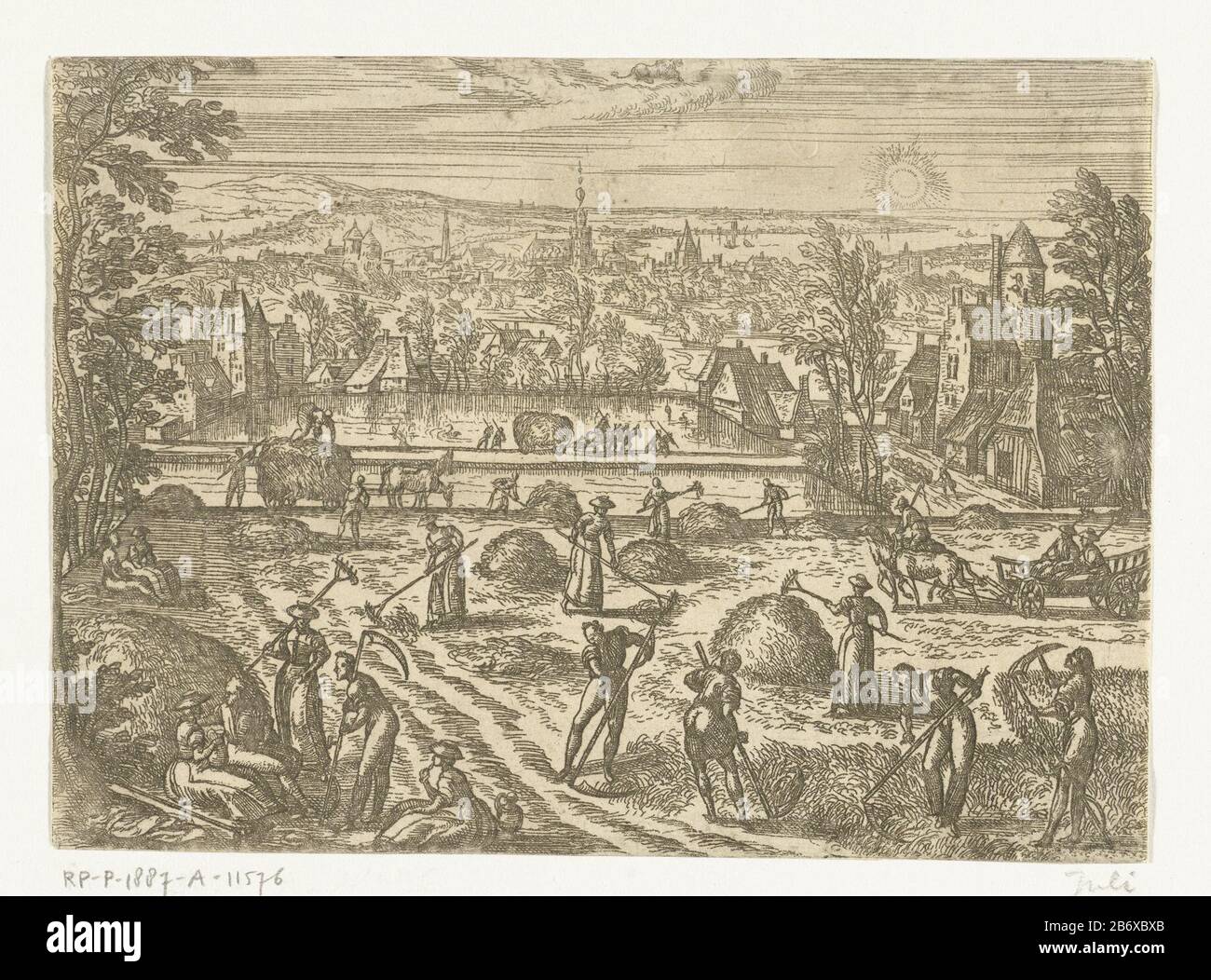 Juli de twaalf maanden (servietitel) Julide douze mois (titre de la série) Type de bien: Photo Numéro d'article: RP-P-1887-A-11576Catalogusreferentie: New Hollstein Dutch 155-1 (2) Description: Paysage d'été avec des scènes d'été. Juillet est le mois de tonte ou de foin. Hacher et tondre l'herbe au centre. Les hommes de récolte apportent l'herbe fauchée à la grange. Certains agriculteurs ont raison de se reposer. En arrière-plan un étang. Haut centre de la constellation du Lion. Dans cette série de douze mois apparaît chaque mois avec ses activités humaines typiques, ses caractéristiques climatiques et son gerrenbeeld. Fabricant : printma Banque D'Images