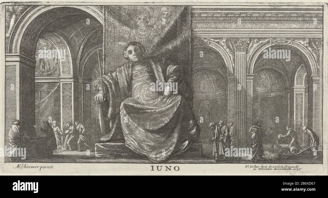 Juno de drie wereldrijken (servietitel) Juno est sur un trône dans une grande salle. Derrière elle se trouvent des ouvriers et des commerçants à secouer. Fabricant : printmaker: Venceslaus Holar (bâtiment classé), conçu par Adam Elsheimer (propriété classée) Lieu de fabrication: Anvers Date: 1646 Caractéristiques physiques: Matière de gravure: Technique du papier: Gravure Dimensions: Bord de la plaque: H 90 mm × W 170 mm Objet: (Histoire de) Juno (Hera) Banque D'Images