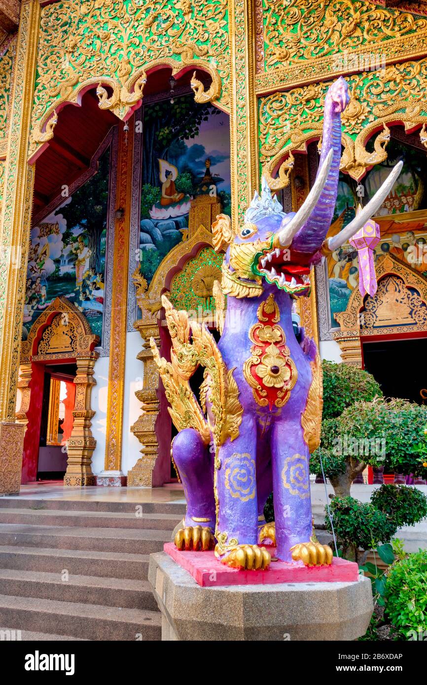 Éléphant violet ailé devant Wat Chetawan, Chiang Mai, Thaïlande Banque D'Images Éléphant violet ailé devant Wat Chetawan, Chiang Mai, Thaïlande Banque D'Images