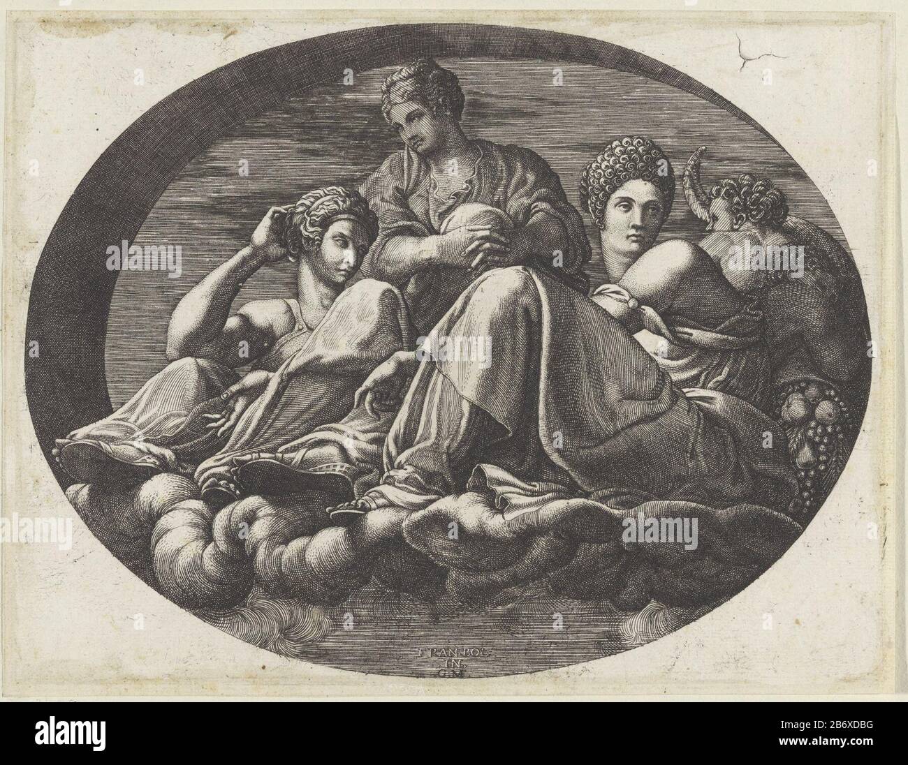 Juno en andere godinnen Ovale plafondschilderingen in de Galerie d'Ulysse te Fontainebleau (servietitel) la déesse Juno, deux autres déesses et putti sur le loup. Fabricant : printmaker Giorgio Ghisi (propriété cotée) à la peinture de Francesco Primaticcio (indiquée sur l'objet) Lieu de fabrication: Print maker: Italie à la peinture de: Fontainebleau Date: 1541 - 1582 Caractéristiques physiques: Engraa matériau: Papier: Technique: Engraa (procédé d'impression) mesures: Bord de la plaque: H 187 mm × W 243 mmToelichtingPrent d'une série de quatre reproductions à des peintures au plafond dans la Galerie d'Ulysse à Fontaineble Banque D'Images