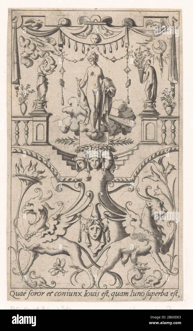 Juno a rencontré pauw, staand onder een baldakijn Goden à godinnen (servietitel) Juno avec des stands de paon dans un cadre de grottes avec des créatures fantastiques, des animaux, des garlands et des macarons. Dans la marge inférieure, un tekst latin. Fabricant : print maker: René BOYVIN (studio) à dessin de: Leonard Thiry Date: 1551 - 1580 Caractéristiques physiques: Engrala matière: Technique du papier: Engraa (procédé d'impression) mesures: Bord de la plaque: H 169 mm × W 102 mmToelieliechtingOorspronkelijk consistait en la série de vingt tirages. Plus tôt sur quatre plaques et a perdu la série renumérotée. Voir Fuhring, 1989. Objet : (histoire de) Banque D'Images