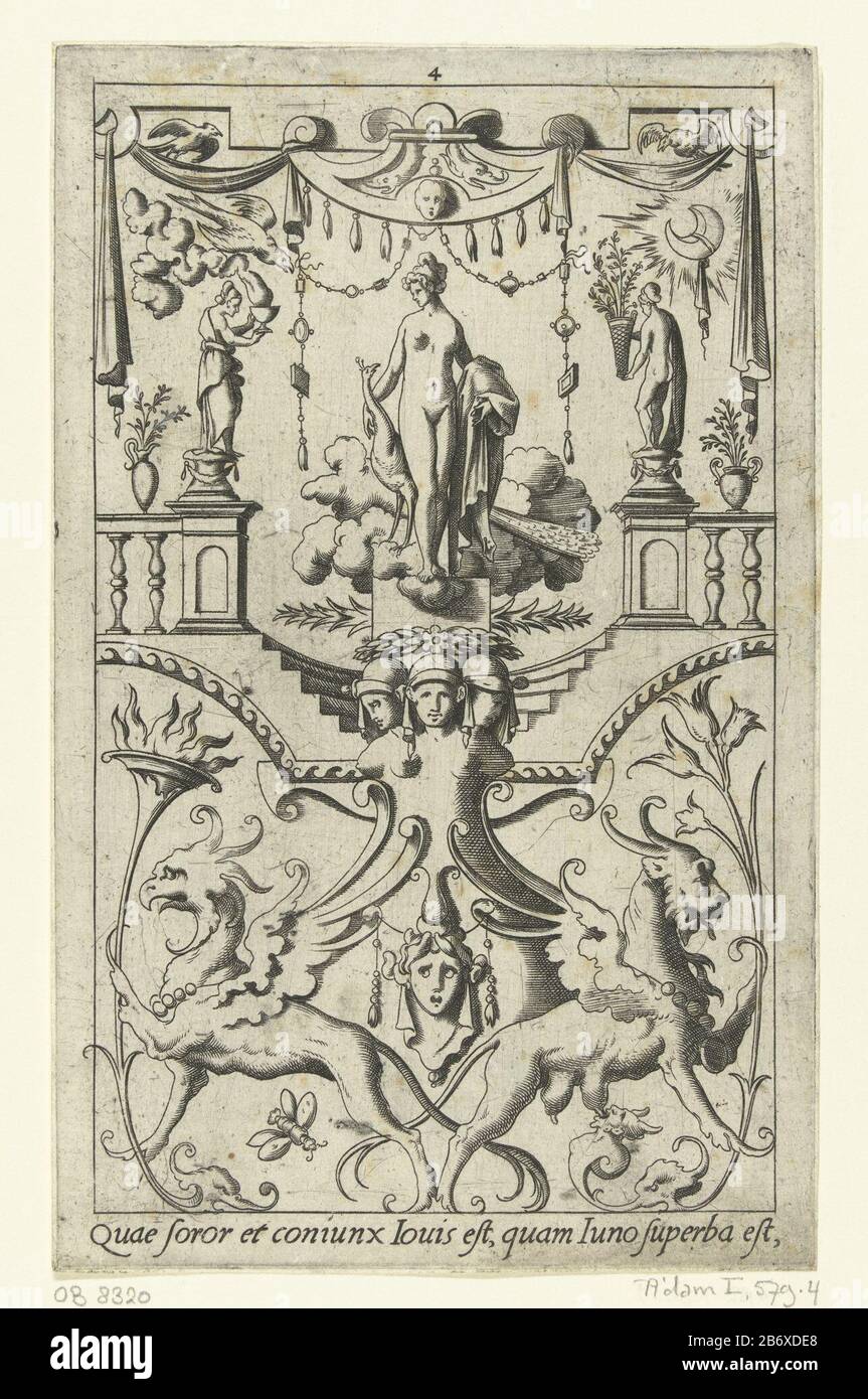 Juno met pauw, staand onder een baldakijn Goden en godinnen (serietitel) le bas est un texte latin. De la série de 16 feuilles partiellement numérotées avec des décorations de surface de dieux et de déesses dans un cadre de grottes avec des créatures fantastiques, des animaux, des garlands et des maçons. Fabricant : printmaker René BOYVIN (studio) au dessin: Léonard Thiry Lieu de fabrication: France (éventuellement) date: 1551 - 1580 Caractéristiques physiques: Matière de prise: Technique du papier: Engraa (procédé d'impression) mesures: Bord de la plaque: H 173 mm × W 107 mToelichtOorspronkelijk la série se compose de vingt tirages. Tôt Banque D'Images