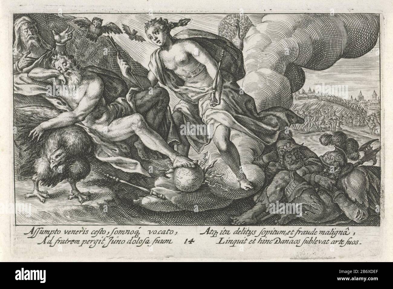 Juno verleidt Jupiter Speculum Heroicum Homeri (servietitel) Juno porte la ceinture de Vénus et Jupiter séduits, qui s'endorment ensuite. Dans la marge d'une signature à quatre lignes, dans deux colonnes, dans le Latijn. Fabricant : print maker: Crispijn de Passe (i) Lieu de fabrication: Utrecht Date: 1613 Caractéristiques physiques: Engrala matière: Papier technique: Engraa (procédé d'impression) mesures: Bord de la plaque: H 85 mm b × 127 mmToelichtingPrent également utilisé dans: Isaac Hilaire, Speculum Heroicum Homeri. Arnhem: Jan Jansz, 1613. Objet: Jupiter est séduit par Juno portant la ceinture de Vénus Banque D'Images