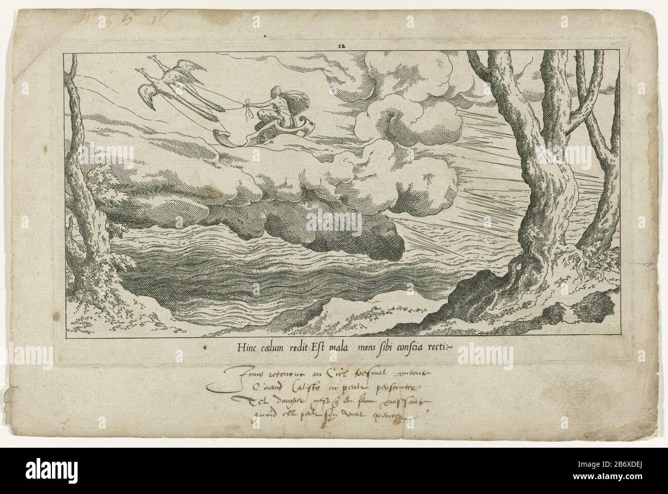 Juno in haar strijdwagen keert terug naar Olympus le Fable de Calisto (serietitel) Mythe van Callisto (serietitel) Juno dans son char dessiné par deux paons, Olympus retourne à l'océan. Composition flanquée de deux arbres à droite et liens. Fabricant : printmaker Léon Daventnaar design: Léonard Thiry Grantor of Privilege: French Crown place fabrication: France Date: CA. 1547 - 1550 matériau: Entier: Technique du papier: Gravure Dimensions: Feuille: H 173 mm × W 263 mmplaatrand: H 131 mm × W 234 mmToelichtingMaakt partie d'une série de douze parties de scènes du mythe de Callisto, gravé par Davent à A Banque D'Images