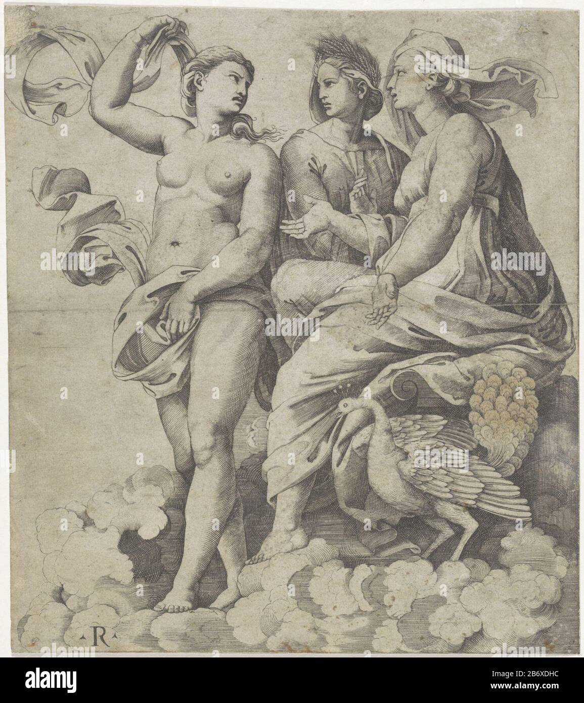 Juno, Ceres en Psyche Sur un nuage de gauche à droite Psyche sont, Ceres et Juno. En plus de Juno condition cheveux pauw. Fabricant : Print Maker: Marco Dente (possible) à un dessin de: Rafael Date: 1510 - 1527 Caractéristiques physiques: Engrala matière: Papier technique: Engrala (impression) mesures: Feuille: H 223 mm × W 197 mm Objet: Psyche avec Juno (ou histoire), Ceres (Demeter) Banque D'Images