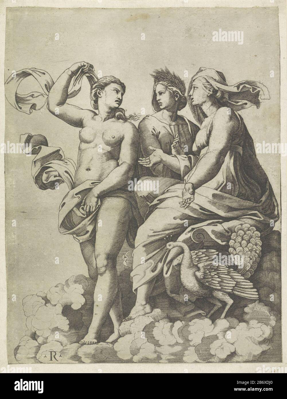 Juno, Cérès en Psyche la déesse Juno, Cérès et Psyche sur un nuage. En plus de Juno est un pauw. Fabricant : Print maker: Marco Dente (indiqué sur l'objet) à un dessin ou modèle de: Rafael Place fabrication: Italie Date: 1498 - 1532 Caractéristiques physiques: Matière de prise: Technique du papier: Engraa (procédé d'impression) mesures: Feuille: H 257 mm (bord intérieur de la plaque . coupe) × W 199 mm (bord intérieur de la plaque) Sujet: (Histoire de) Juno (Hera) (histoire de) Ceres (Demeter) Psyche avec JunoPsyche avec Ceres Psyche Banque D'Images