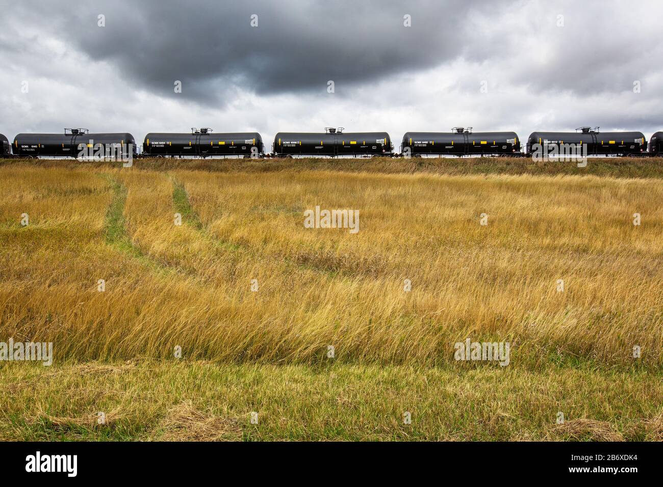 Un train de marchandises transportant du pétrole du champ de Bakken près de Williston au Dakota du Nord. La région fait partie du champ pétrolier de Bakken, où la technologie de fracking l'a rendu rentable tant que le prix du pétrole reste supérieur à 46 USD le baril. Banque D'Images