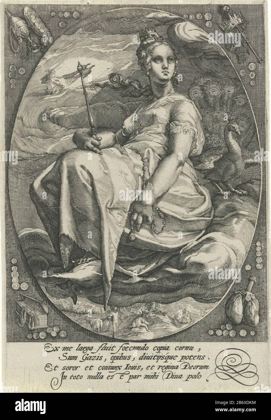 Juno Juno assis sur un nuage accompagné de son symbole le paon. Dans sa main, elle tient un sceptre. Comme la femme du dieu Jupiter elle porte une couronne. En arrière-plan, vous pouvez voir comment Juno va s'aventurer sur elle par un couple de paons tractés. Sous le nuage Mercure est le chef de la centaine de géantes Argus, de Juno pour protéger Io. Dans la marge, une signature à quatre lignes à Latijn. Fabricant : printmaker: Crispijn de Passe (i) à imprimer de: Hendrick Goltzius à imprimer par Jan Saenredam (rejet de l'attribution) Lieu de fabrication: Pays-Bas du Nord Date: 1574 - 1637 Caractéristiques physiques: Matière automobile: Papier T Banque D'Images