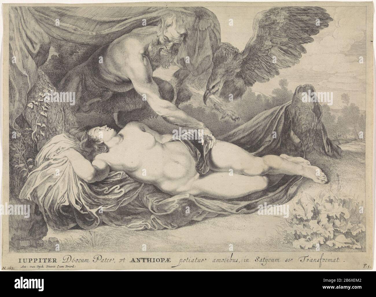 Jupiter en Antiope Jupiter, sous la forme d'un évaluateur, se courbe sur l'Antiope endormi. En plus de son aigle Jupiter. Avec une légende explicative à Latijn. Fabricant : printmaker Pieter van Sompel à la peinture par Anthony van Dyck (propriété listée) fournisseur de privilège inconnu (bâtiment listé) Daté: 1615 - 1643 Caractéristiques physiques: Gravure, engrassement et matériel de travail en pointillé: Technique du papier: Gravure / engrava (processus d'impression) / dimensions de travail en pointillés: Feuille: H 250 mm (coupe au bord de la plaque.) b × 345 mm Objet: Jupiter, déguisé en satyr, s'approche de l'Antiopa endormi; peut être l'aigle Banque D'Images