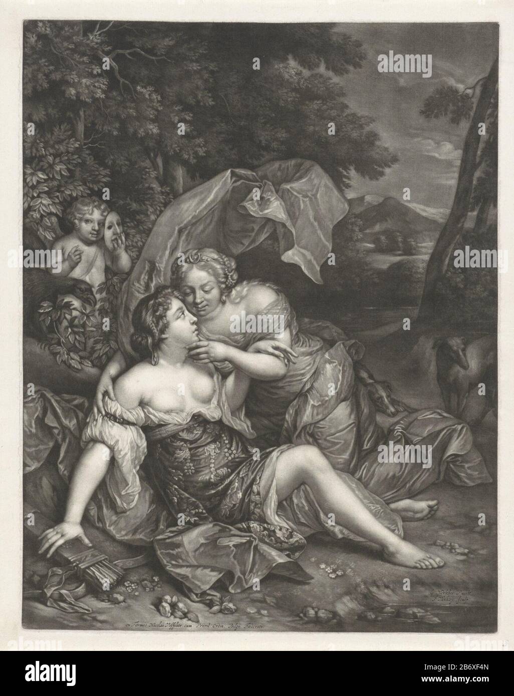 Jupiter en Callisto Paysage Boisé avec Jupiter, sous le couvert de Diana, séduit la nymphe Callisto. Amor derrière eux avec un masque et un aigle. Scène des métamorphoses Ovidius. Fabricant : printmaker Jan Verkolje (I) (bâtiment classé) à la peinture par Caspar Netscher (bâtiment classé) éditeur: Nicolaes Visscher (I) (bâtiment classé) fournisseur de privilèges: États-Unis Pays-Bas (propriété cotée) Lieu de fabrication: Delft Dating: 1660 - 1693 Caractéristiques physiques: Mezzotint materiel: Paper technique: Mezzotint dimensions: EDGE: H 384 mm × W 298 mm Objet : Jupiter, sous le couvert de Diana et C. Banque D'Images