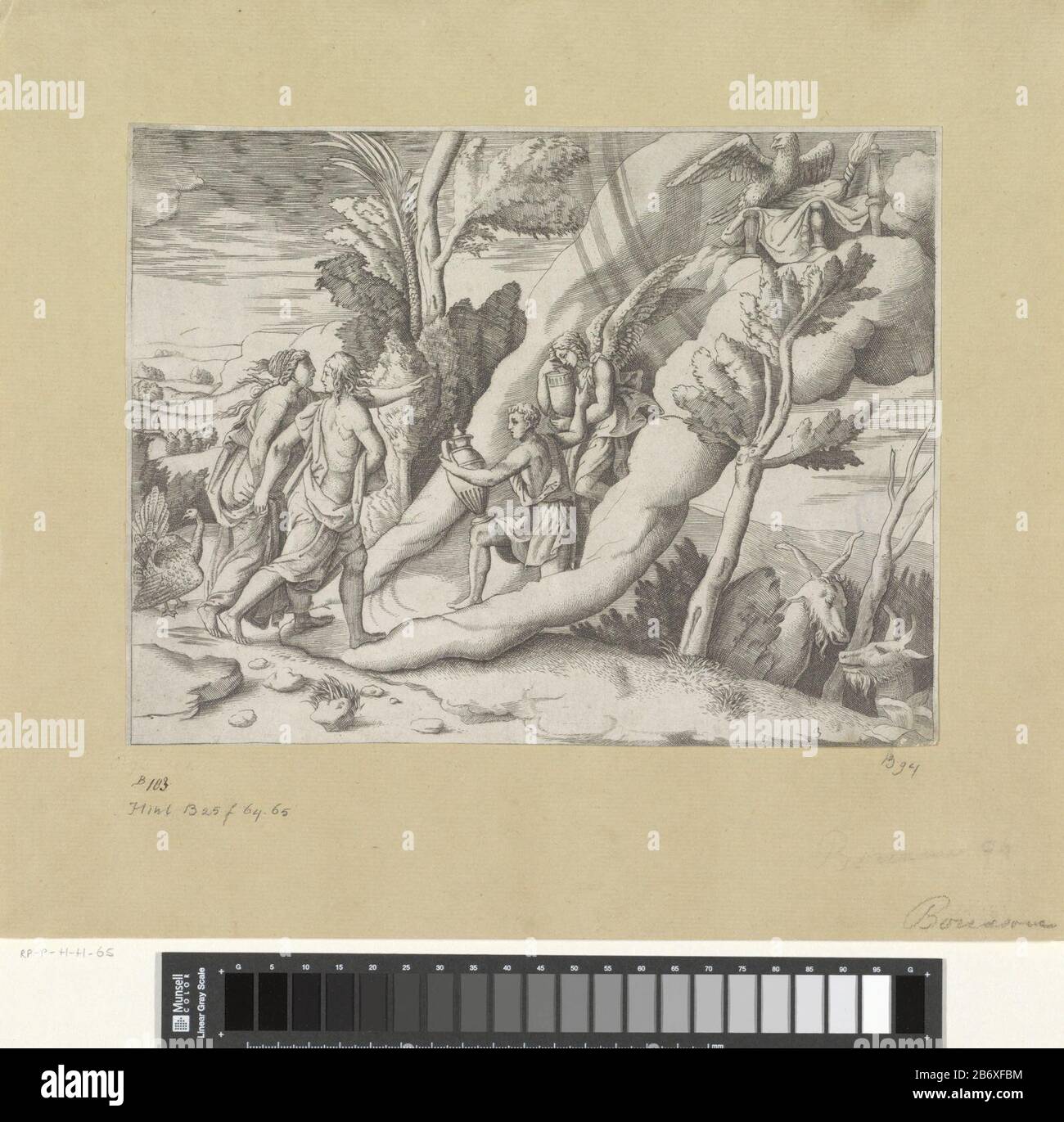 Jupiter en Juno dans hemelen ontvangen porte Ganymedes en Hebe Verdeling van het universsum (serietitel) Jupiter en Juno staan onderaan een piège van wolken. ZE worden uitgenodigd de trap te beklimmen porte Ganymedes en Hebe. Bovenaan de trap staat de troon van Jupiter met de adelaar en zijn bliksemschichten. Op de achtergrond een landschap. Rechtsonder twee geiten. Fabricant : protmaker: Giulio Bonasonenaar onwerp van: Giulio RomanoPlaats fabrication: Italië Dating: 1501 - 1580 kenmerken physique: Gravure matériau: Papier Techniek: Graveren (drukprocedé) Dimensions: Blad: H 201 mm (Binnen plaa Banque D'Images