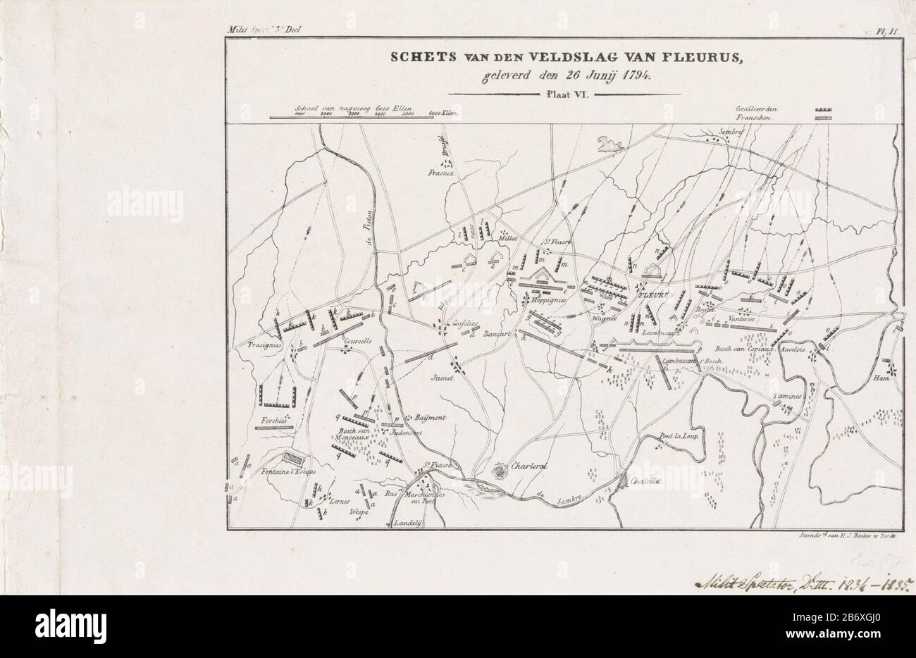 Kaart met de posities van de legers tijdens de slag bij Fleurus, juni 1794 Schets van de gevechten in de nabijheid van Tourcoing den 17 en 18 Mei 1794 (objet op titel) carte montrant la position des armées alliées et françaises à la bataille de Fleurus, 26 juin 1794. Victoire française sur les Autrichiens. Haut marqué: Soldat. Spectateur IIIIrd partage / Pl: II Fabricant : printmaker: Hilmar Johannes Backer (propriété cotée) Lieu de fabrication: Dordrecht Date: 1834 - 1835 Caractéristiques physiques: Matériel de lithographie: Technique du papier: Lithographie (technique) Dimensions: Feuille: H 195 mm × W 295 mmToelicktingG Banque D'Images