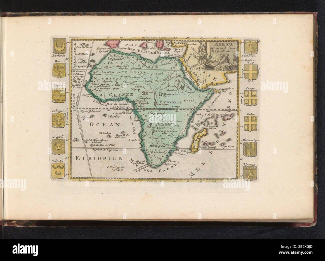 Kaart van Afrika Afrique (objet op titel) carte de l'Afrique, droite une vignette avec les Africains autour d'un feu . Sur les côtés douze pays d'armes. Partie d'un atlas de 223 cartes de pays et de villes et scènes de guerre en Europe dans la période CA. 1690-1735. Fabricant : printmaker: Éditeur anonyme: Hériter J. Ratelband & CoPlaats fabrication: Printmaker: Northern Netherlands Éditeur: Amsterdam Date: 1700-1705 et / ou 1735 Caractéristiques physiques: Engraa, matière de couleur manuelle: Technique du papier: Engraa (procédé d'impression) / mesures de couleur à la main: Bord de la plaque: H 143 mm × W 205 mm Objet: (FOL Banque D'Images