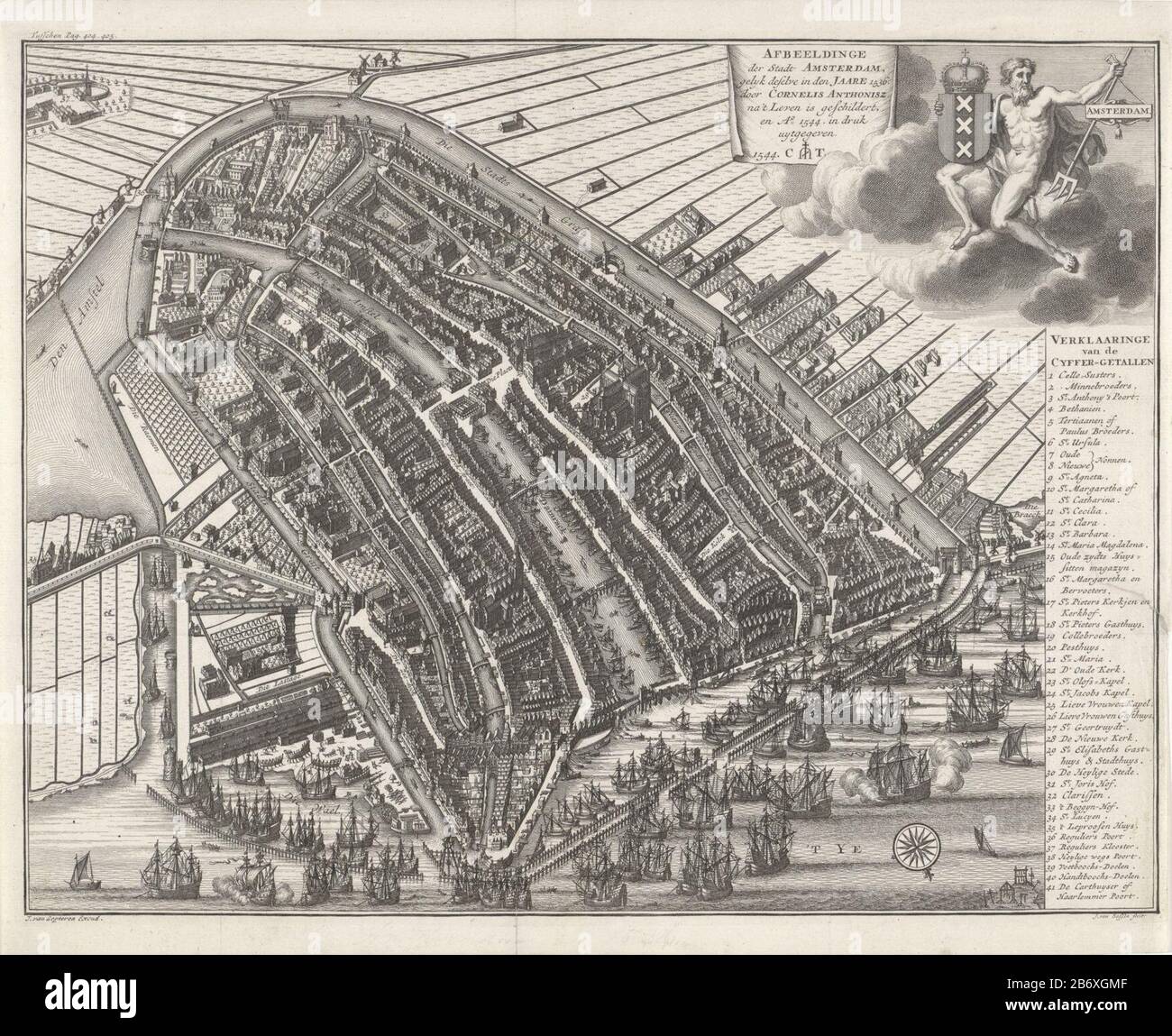 Kaart van Amsterdam à vogelvlucht, anno 1544 Afbeeldinge der stadt Amsterdam  () (objet titel op) carte d'Amsterdam en un mot (orientation sud-ouest  ci-dessus) à partir de l'année 1544 avec de nombreux navires.