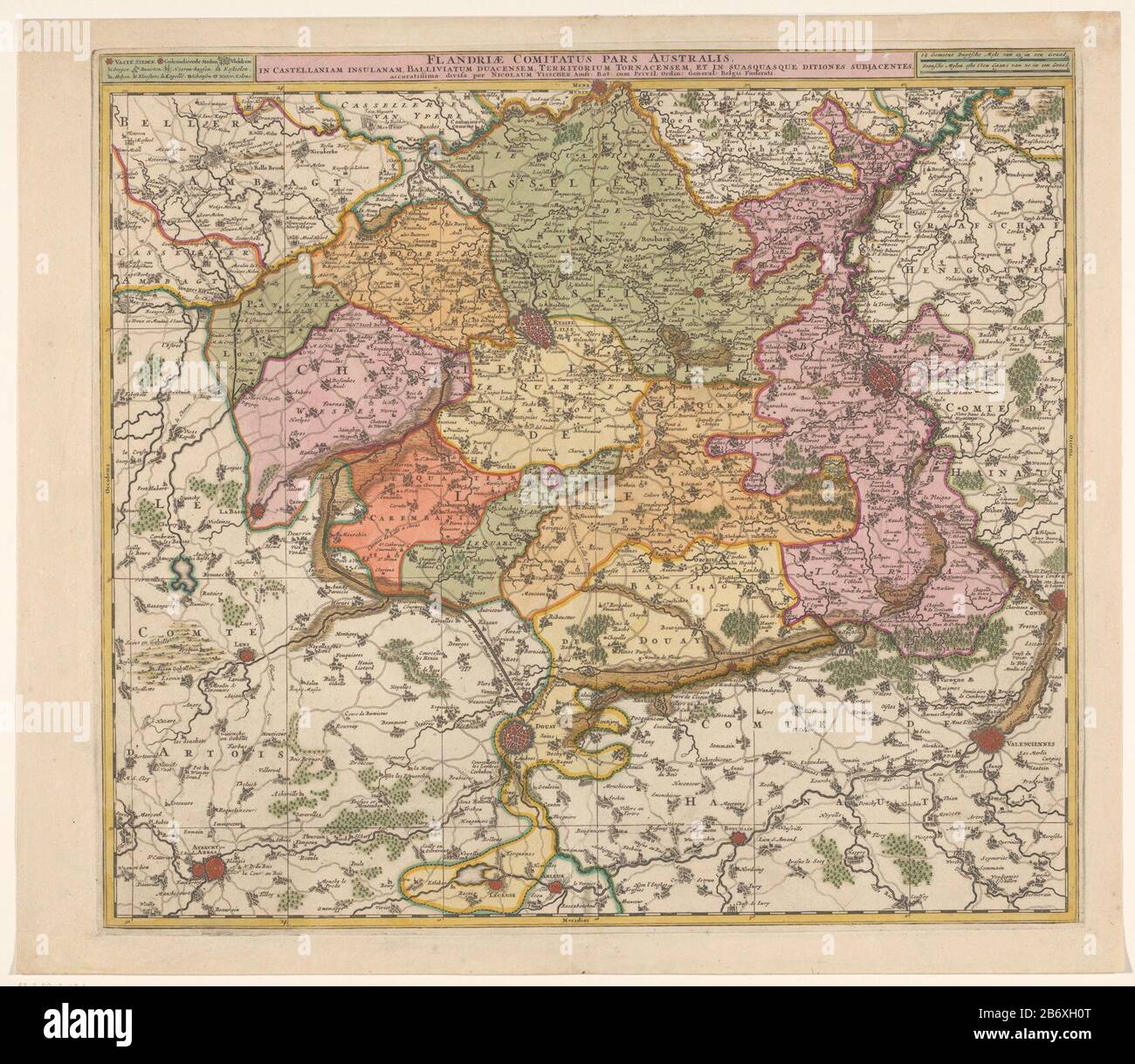 Kaart van Frans-Vlaanderen Flandriae comitatus pars australis, à Castellaniam Insulam (objet titel op) carte de la Flandre française. Dans une barre au-dessus de la carte, dans le titre du milieu. Ils ont laissé une légende. À droite des deux bâtons d'échelle de titre: 1 1/2 méchant Duytsche Miles de 15 dans un niveau / 2 français Mylen ou trop Heures Gaans de 20 dans un niveau. La carte est dotée d'une grille de coordonnées et d'un gradation. Fabricant : printmaker: Éditeur anonyme: Nicolaes Visscher (I) (bâtiment classé) éditeur: Nicolaes Visscher (II) (bâtiment classé) éditeur: Veuve Nicolaes Visscher (II) ( possible) fournisseur de privilèges Banque D'Images