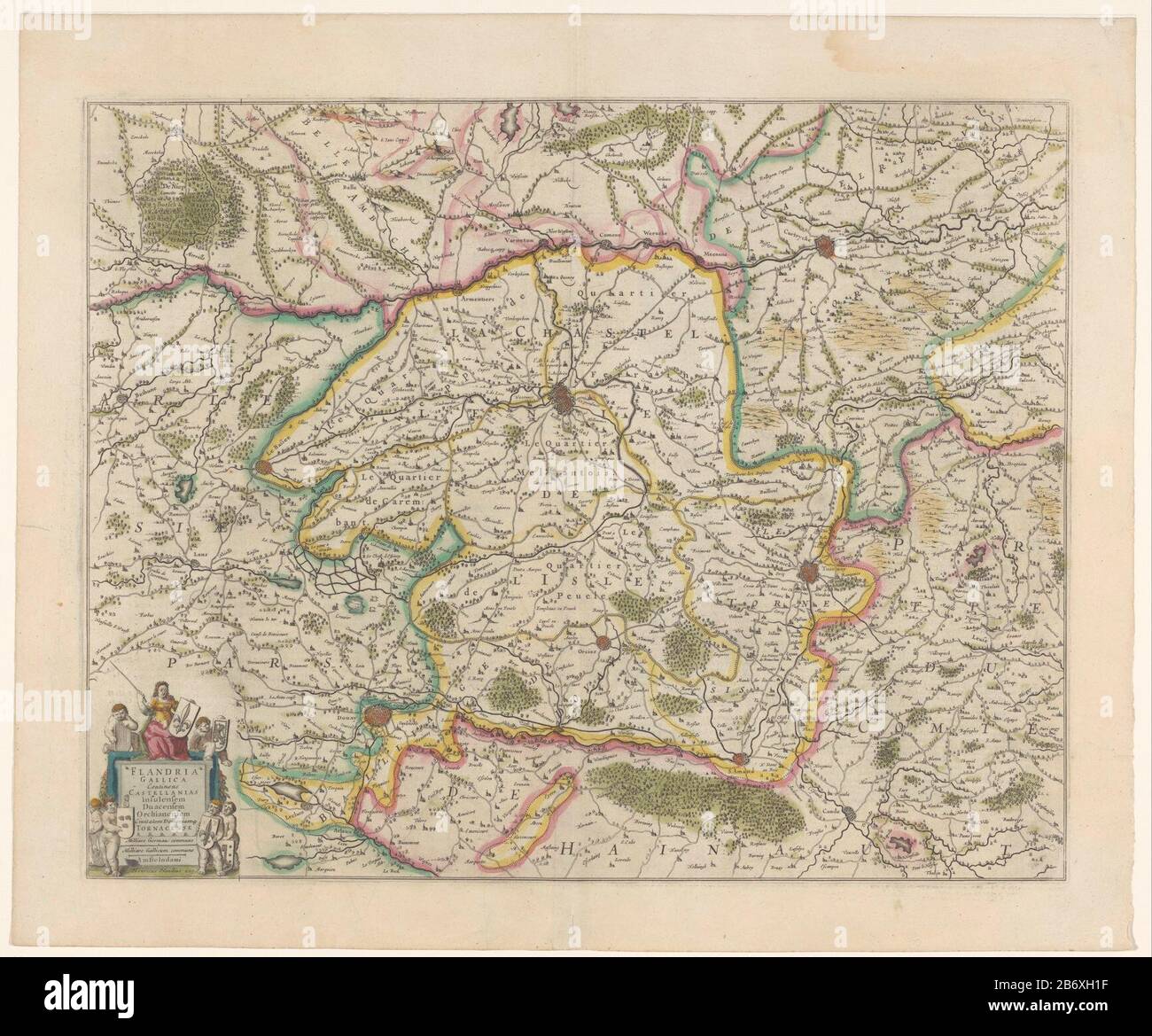 Kaart van Frans-Vlaanderen Flandria Gallica continens castellanias Insulasum (objet titel op) carte de la Flandre française. Gauche sous le titre cartouche, avec une figure en tête dans les bras de Lille, et la cartouche sur des figures avec des renflouements d'armes en Flandre française. Au bas de la cartouche deux pôles: Milli Arie Germau: Commune / Milliare Gallicum commune. Texte français verso. Fabricant : printmaker: Éditeur anonyme: Henricus Hondius (propriété cotée) Lieu de fabrication: Amsterdam Date: 1633 Caractéristiques physiques: Gravure et engra, couleur manuelle; avec texte dans la typographie sur verso Banque D'Images