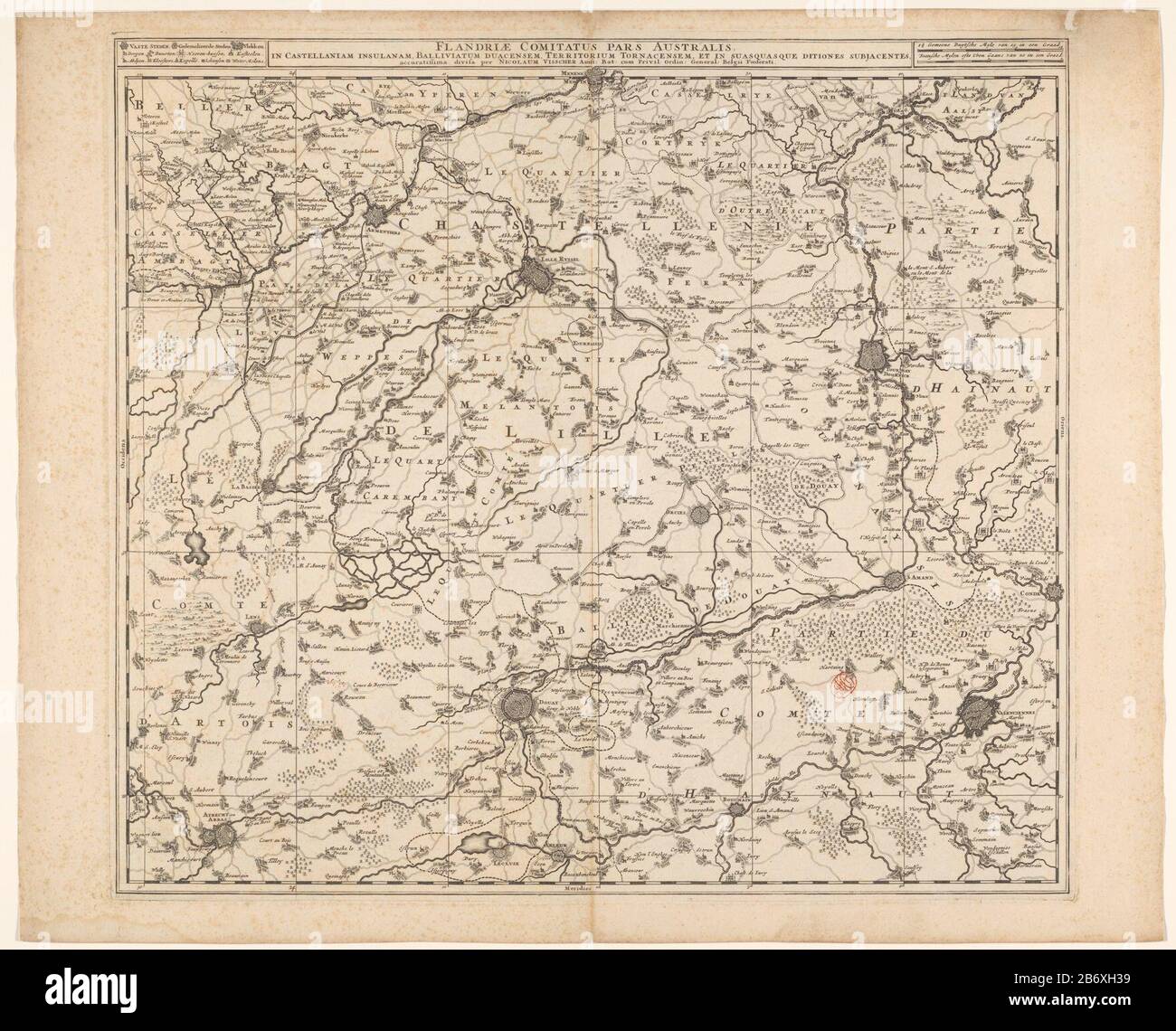 Kaart van Frans-Vlaanderen Flandriae comitatus pars australis, à Castellaniam Insulam (objet titel op) carte de la Flandre française. Dans une barre au-dessus de la carte, dans le titre du milieu. Ils ont laissé une légende. À droite des deux bâtons d'échelle de titre: 1 1/2 méchant Duytsche Miles de 15 dans un niveau / 2 français Mylen ou trop Heures Gaans de 20 dans un niveau. La carte est dotée d'une grille de coordonnées et d'un gradation. Fabricant : printmaker: Éditeur anonyme: Nicolaes Visscher (I) (bâtiment classé) éditeur: Nicolaes Visscher (II) (bâtiment classé) éditeur: Veuve Nicolaes Visscher (II) ( possible) fournisseur de privilèges Banque D'Images