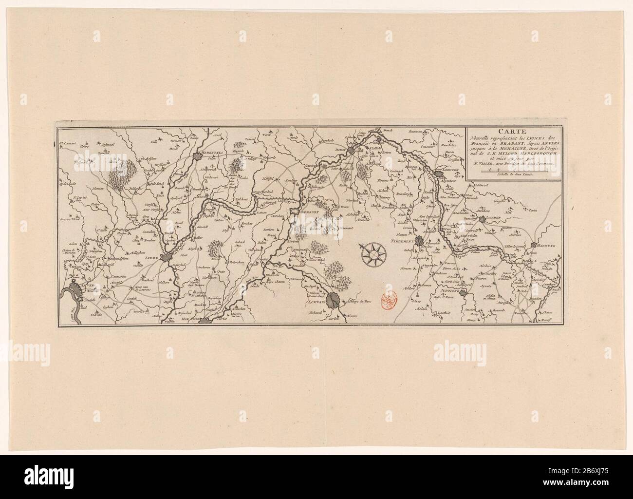 Carte des lignes françaises dans le Brabant, allant d'Anvers à la rivière Mehaigne, CA. 1705. Droite le titre cartouche avec barre d'échelle: Esch elle de deux Lieues. Selon le titre d'un original appartenant au duc de Marlborough. Fabricant : printmaker: Éditeur anonyme: Nicolaes Visscher (II) (attribution rejetée) éditeur: Veuve Nicolaes Visscher (II) fournisseur de privilèges: États général (propriété cotée) Lieu Fabrication: Amsterdam Date: 1705 - 1720 matériau: Technique du papier: Gravure / engraA (processus d'impression) mesures: Feuille: H 180 mm × W 443 mm Objet: cartes ou co séparé Banque D'Images