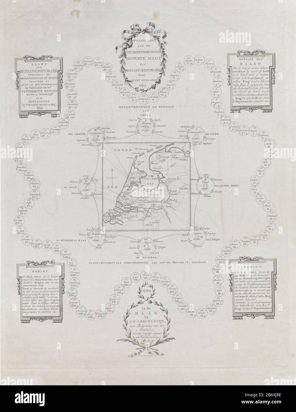 Kaart van de Bataafse Republiek, 1799 Kaart der Bataafse Republiek verdeeld in Departeen en Ringen () bij Publicatie van den 14 Meij 1799 (objet op titel) carte de la classification de la République Batavière dans les départements bagues, Conformément à la Loi constitutionnelle lors de la publication des directeurs exécutifs du 17 novembre 1798, et dans les districts selon la publication du 14 mai 1799. Avec des cargaisons avec instructions de cession et deux messages. À l'adresse signée par Ondaatje. Fabricant : printmaker Cornelis van Baarsel (bâtiment classé) éditeur: Peter Philip Juriaan Quin Ond Banque D'Images