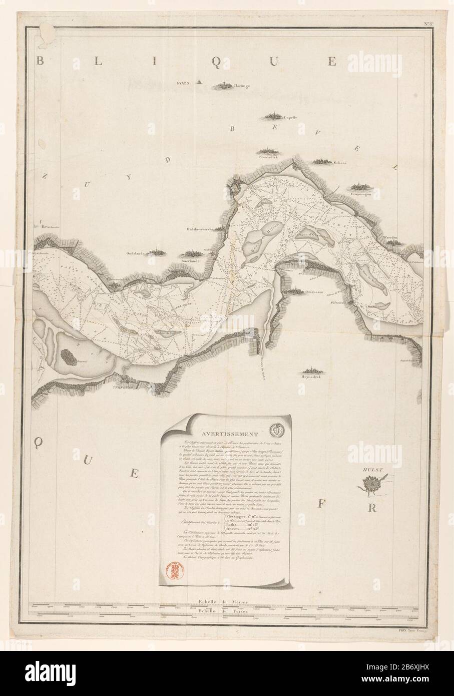 Partie d'une carte de la Westerschelde, composée de trois parties. Numéroté en haut à droite : N° 8.3. Fabricant : printmaker E. Collin Imprimer auteur: Besançonnaar dessin: Porter (ingénieur et rapporteur pour avis) arpenteur Charles-François Beautemps-Beauprémètre: Jospeph Francois Raoul Surveyor: Magloire-Thomas Daussyonbekend: Malèsopdrachtgever: Ministère de la Marine et des Colonies Lieu de fabrication: France Date: 1799 technique d'impression: Impression: Dimensions: H 952 mm × W 650 mm Objet: Cartes ou régions distinctes où: Flandre de la Nouvelle-Zélande occidentale Banque D'Images