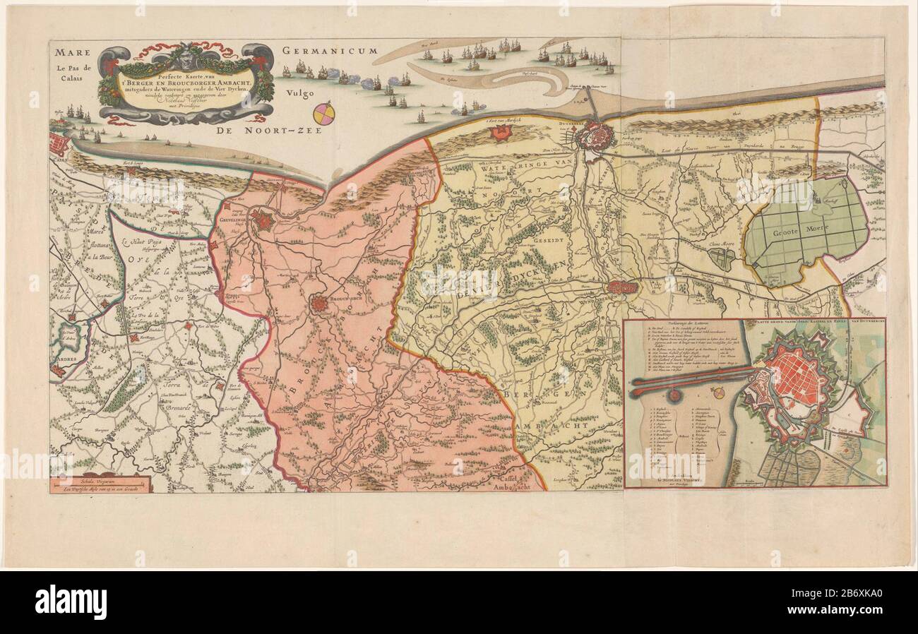 Kaart van de kust van Frans-Vlaanderen Perfecte kaerte van t' Berger en Broucborger Ambacht (objet titel op) carte de la côte de la Flandre française. En haut à gauche le titre cartouche. En bas à gauche un cartouche avec barre d'échelle: Un Duytsche Mijle 15 à Graedt. Droite un pari avec une carte de Dunkerque, ha a laissé une clé A-N, et un 1-17-O. L'encart ci-dessous, à gauche du centre, une barre d'échelle: 200 Roeden. Fabricant : printmaker: Éditeur anonyme: Nicolaes Visscher (I) (bâtiment répertorié) éditeur: Nicolaes Visscher (II) (bâtiment répertorié) éditeur: Veuve Nicolaes Visscher ( II) (possible) fournisseur de privilèges: Etats Gene Banque D'Images