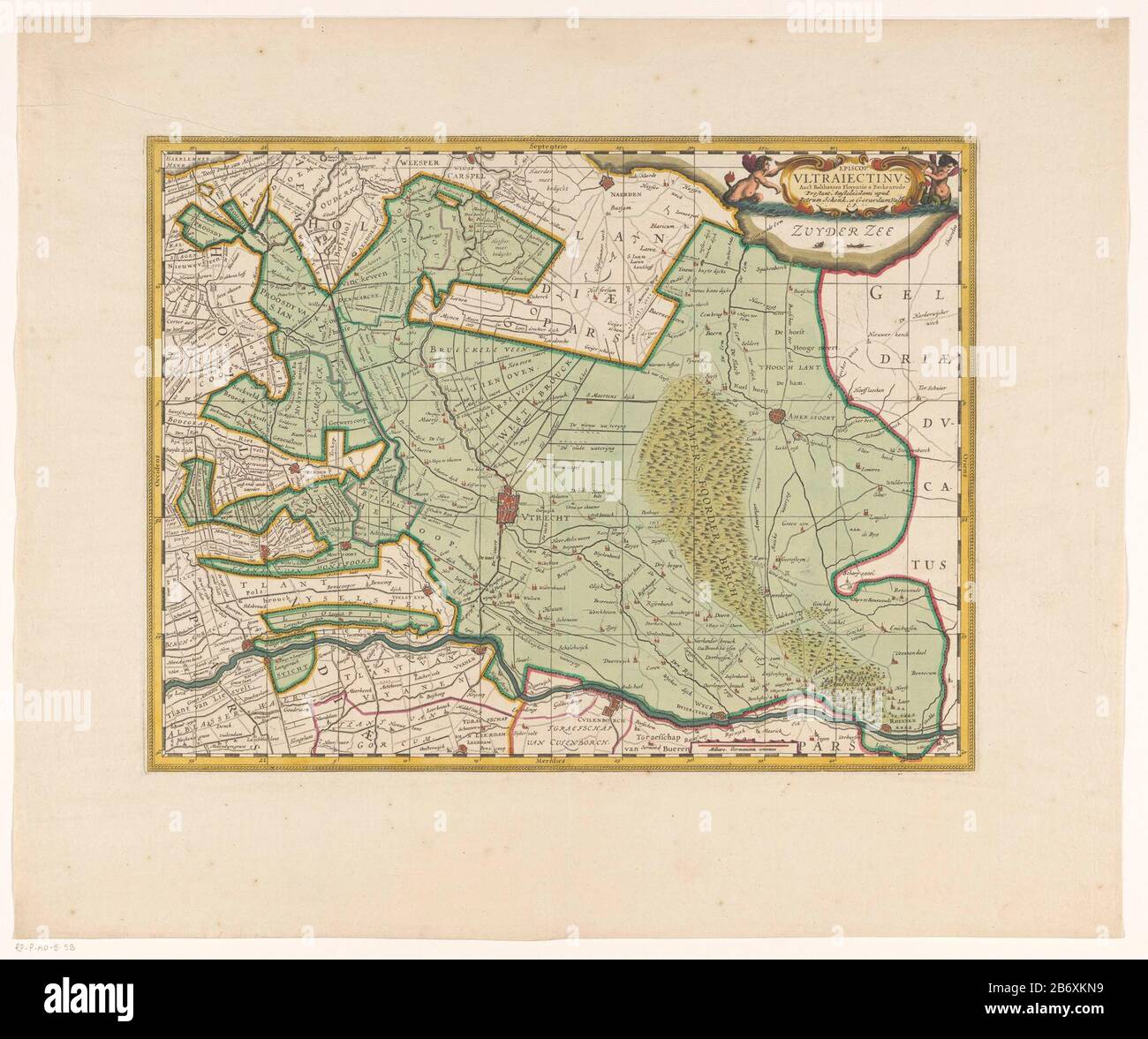 Kaart van de provincial Utrecht Episcop Ultraaiectinus (objet titel op) droite le titre cartouche. En bas d'un bar à échelle: Milliare Germanicum commune. Répartition du degré le long de la randen. Fabricant : printmaker Evert Simonsz Hammer Velt Cartographer: Balthasar Florisz. De Berckenrode (bâtiment classé) Éditeur: Peter Schenk (I) (bâtiment classé) Éditeur: Gerard Valck (attribution rejetée) Fabrication De Place: Amsterdam Date: 1628 et / ou 1681 - 1711 Caractéristiques physiques: Engrara, matériau de couleur: Impression: Technique / impression de papier: Bord de la plaque : H 372 mm × W 485 Banque D'Images