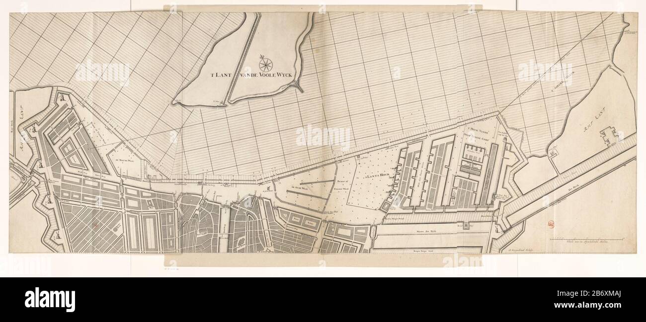 Kaart van een deel van Amsterdam en het IJ carte d'une partie d'Amsterdam Rietlanden, des îles occidentales et orientales et d'une partie de l'IJ. Barre d'échelle droite A : Schale 150 Ryn country cal roeden. Fabricant : printmaker: Bastiaen Stopendael (propriété cotée) Lieu de fabrication: Amsterdam Date: 1646 - 1693 Caractéristiques physiques: Gravure et engrama; imprimé sur deux feuilles sur les deux feuilles: Technique du papier: Engraa (impression) / Etch / coller dimensions: Feuille: H 504 mm (composé de deux feuilles collées ensemble) × b 1,309 mm (comprenant deux feuilles collées ensemble) Remarques il est possible que ces cartes p Banque D'Images