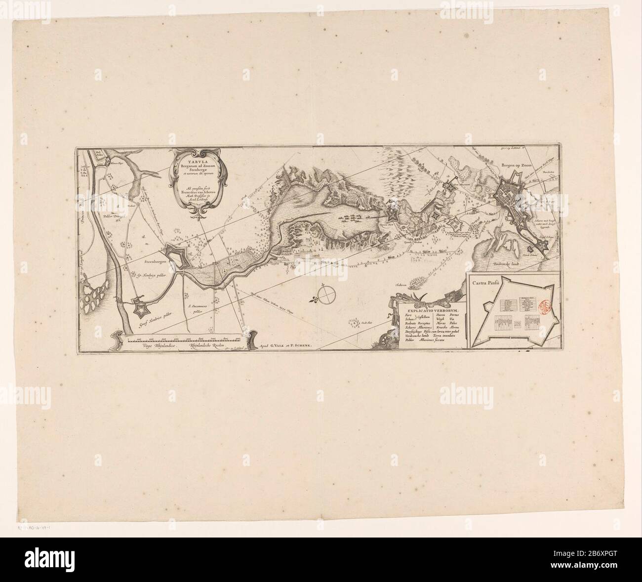 Kaart van het beleg van Bergen op Zoom, 1622 Tabula Bergarum ad Zomam Stenbergae et novorum ibi operum (objet titel op) carte du siège manqué de Bergen op Zoom de l'armée espagnole sous Spinola et Velasco, 18 juillet - 3 octobre 1622. Carte de Bergen op Zoom dans la région à Steenbergen. En haut à gauche un cartouche avec le titre latin. Paris en bas à droite avec le plan du fort Pinsen (Castra Pinsii). Gauche du mot engagement déclaration néerlandais-latin. En bas à gauche une barre d'échelle: 900 Virginia Rhijnlandicae / 900 Rhijn Pays tiges serbes. La carte est dotée d'une grille de coordonnées et d'un gradation. Fabricant : p Banque D'Images