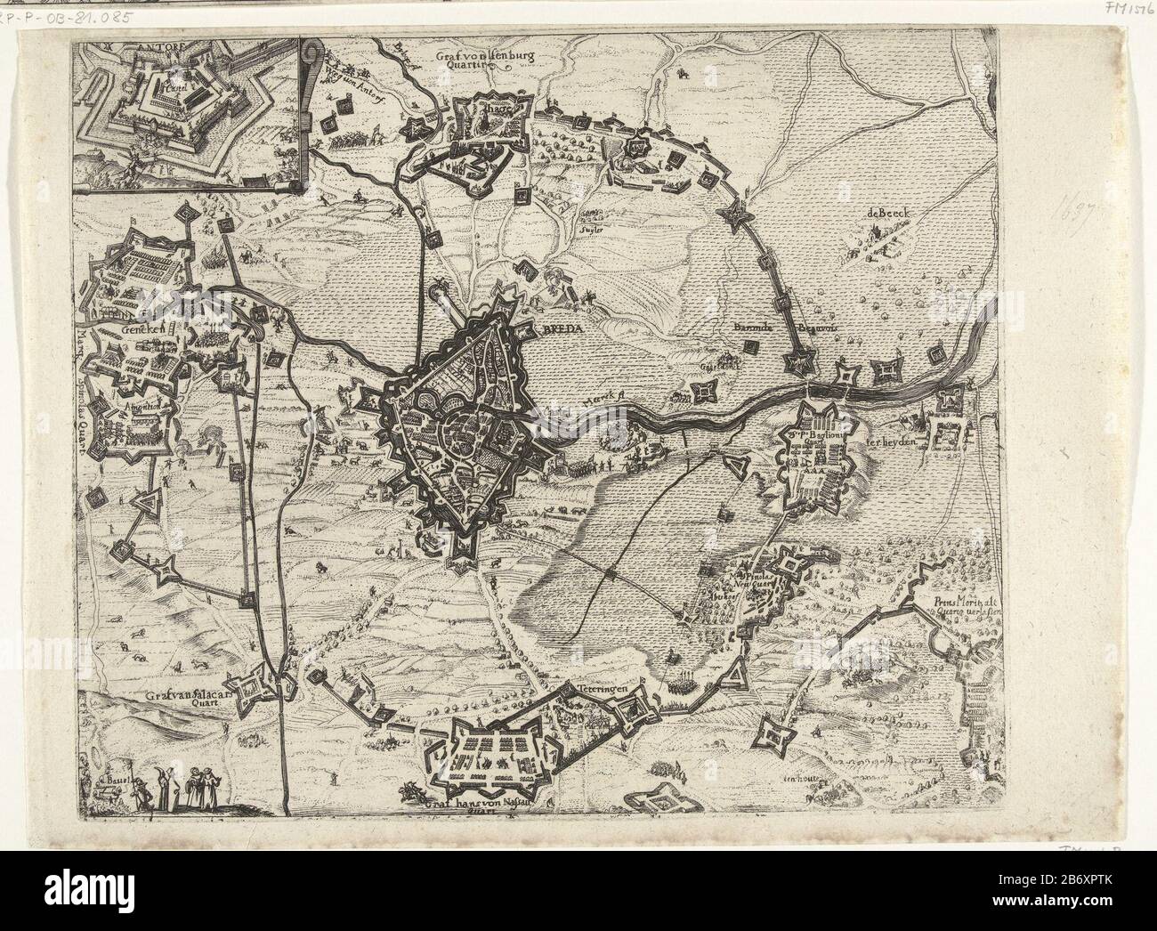 Kaart van het beleg van Breda, 1624 carte du siège de Breda par l'armée espagnole sous Spinola, 27 août 1624 jusqu'au 5 juin 1625. Breda avec les terres environnantes. Sur la gauche, le point d'appui à Ginnekenstraat, à droite Ter Heijde. En haut à gauche un pari avec le château d'Anvers. Marquages dans la performance dans les Duits. Fabricant : fabricant d'impression: Fabrication anonyme: Allemagne (possible) Date: 1624 - 1625 Caractéristiques physiques: Matériau de gravure: Technique du papier: Dimensions de gravure: Bord de la plaque: H 266 mm × W 316 mm Sujet: Cartes ou pays ou régions de garniture, guerre de siège Banque D'Images