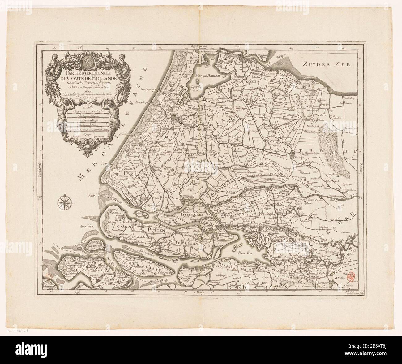 Partie inférieure d'une carte du comté de Hollande. En haut à gauche une cartouche avec le bras supérieur du comté de Hollande et le titre ci-dessous, la légende et cinq bâtons de coquille: Mille seulement géométriques mils ou d'Italie; Lieues communes d'Allemagne; et trois autres. Répartition du degré le long de la randen. Fabricant : printmaker Louis Cordier (bâtiment classé) cartographe Guillaume Sanson (bâtiment classé) Éditeur: Alexis Hubert Jaillot (propriété cotée) fournisseur de privilèges: Louis XIV (roi de France) (inscrit à l'objet ) Lieu de fabrication: Paris Date: 1700 Caractéristiques physiques: Matériel automobile: Papier te Banque D'Images