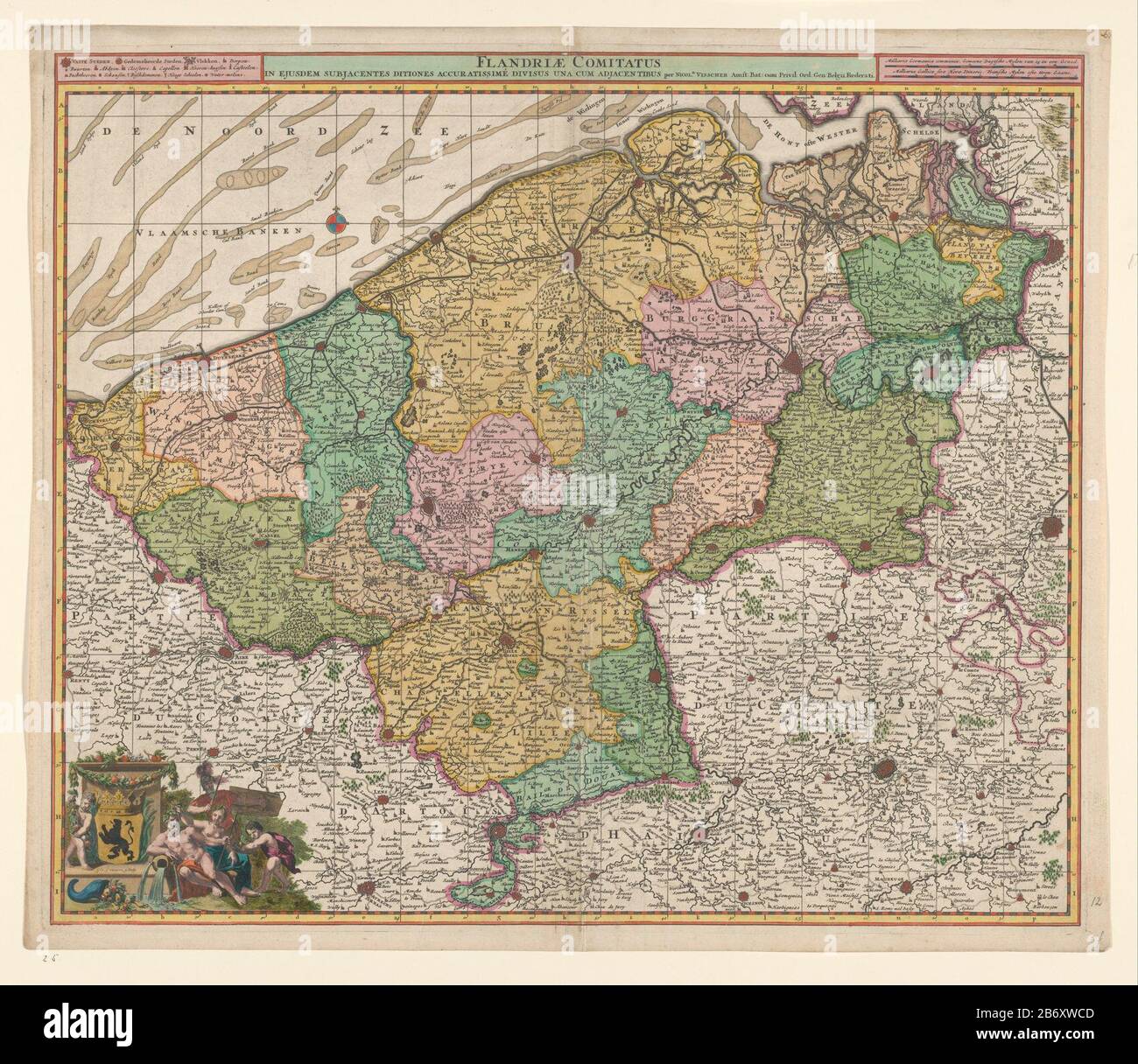 Kaart van het graafschap Vlaanderen Flandriae Comitatus in ejustidem subjacentes ditiones ackeratissime divisius una contiguïtientibus (objet op de titre) carte du comté de Flandre. En haut à gauche, à côté du titre, la légende. L'échelle à droite des miles allemands et français. Compas mer haut gauche, manteau inférieur gauche de Flandre, entouré de figures d'allégorsiche et de putti. Sur la carte sont arbres et branches aangegeven. Fabricant : dessinateur: Nicolaes Visscher (I) printmaker: Gilliam van der Gouwen (bâtiment classé) éditeur: Nicolaes Visscher (I) (bâtiment classé) fournisseur de privilèges: Etats généraux ( Banque D'Images