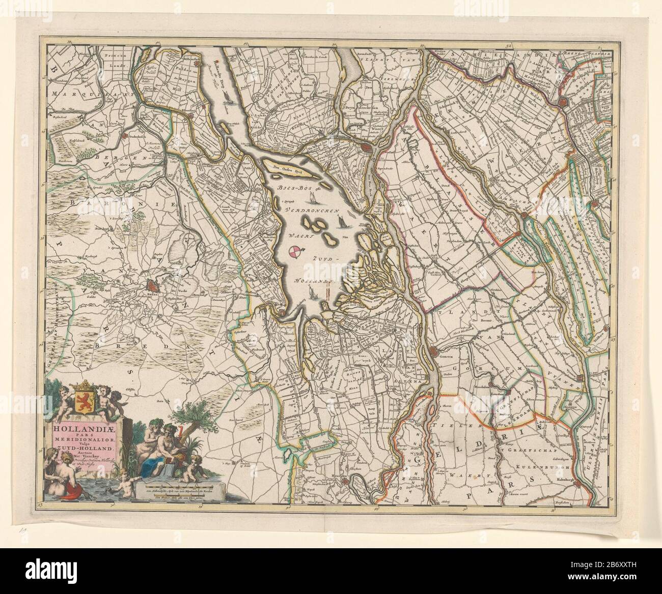 Kaart van het rivierengebied Biesbos Hollandiae pars méridionalior, vulgo Zuyd-Holland (objet titel op) carte de la région Biesbos en Hollande méridionale. En bas à gauche un cartouche avec le titre et trois putti avec des bras couronnés de Hollande. Avant de l'eau avec l'homme et la femme qui s'y infilent et à côté de la femme assise et de l'homme avec un pichet Où: Eau qui coule. Au premier plan tenant une pierre avec l'échelle en néerlandais et en français miles avec deux putti tenant une règle (1: 170.000) . Fabricant : cartographe: Nicolaes Visscher (I) éditeur: Nicolaes Visscher (I) (bâtiment classé) fournisseur de privilèges : Etats de Hol Banque D'Images