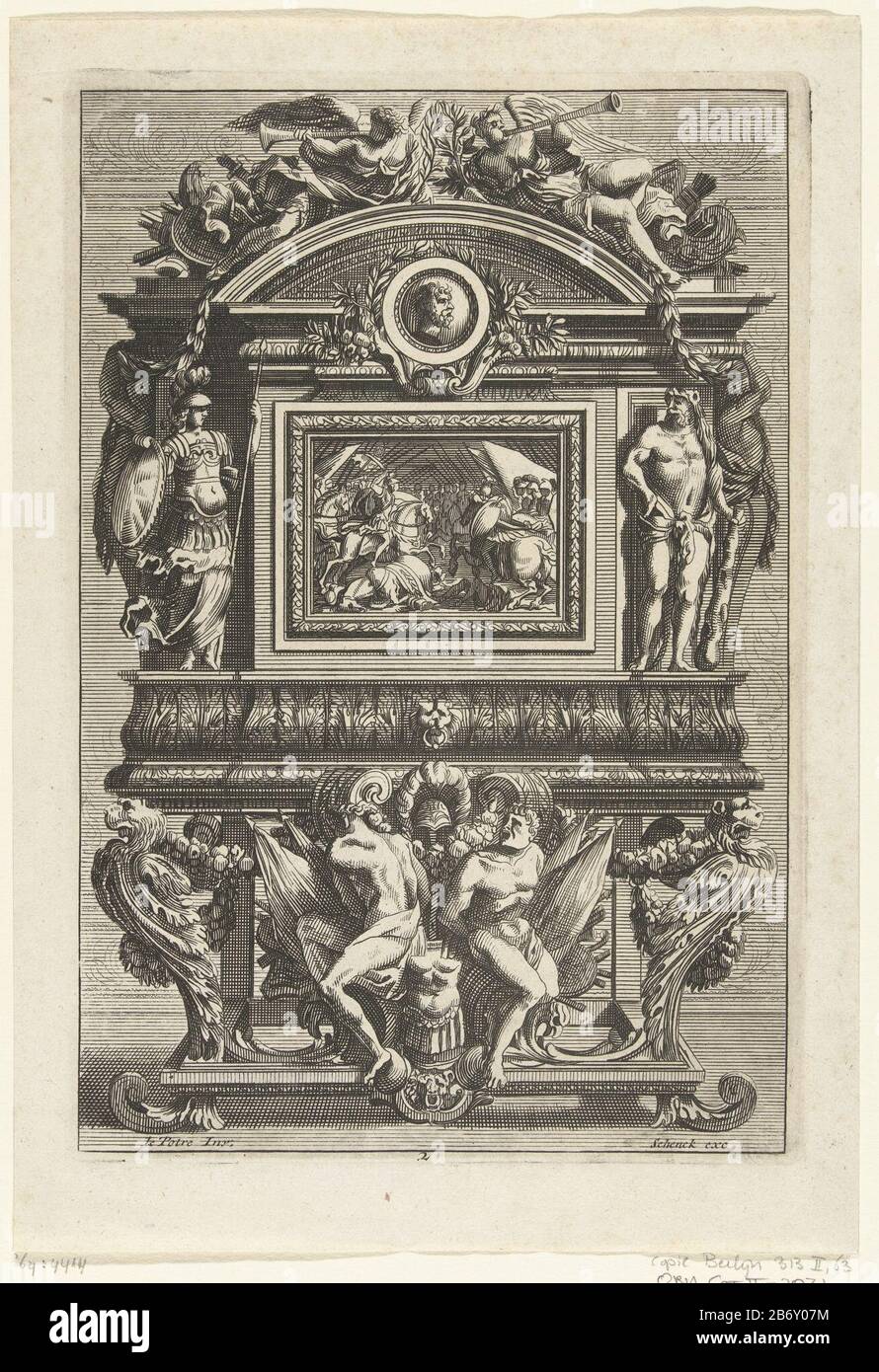 Minerva, Hercules droit, est à gauche du panneau. Fabricant : conçu par Jean Lepautre (bâtiment classé) printmaker: Éditeur anonyme: Peter Schenk (I) (bâtiment classé) Fabrication De Lieux: Design de France (possible) printmaker: Pays-Bas Éditeur: Amsterdam Date: CA. 1680 - env. 1700 matériau : technique du papier : dimensions de gravure : bord de la plaque : H 211 mm × L 145 mm Banque D'Images