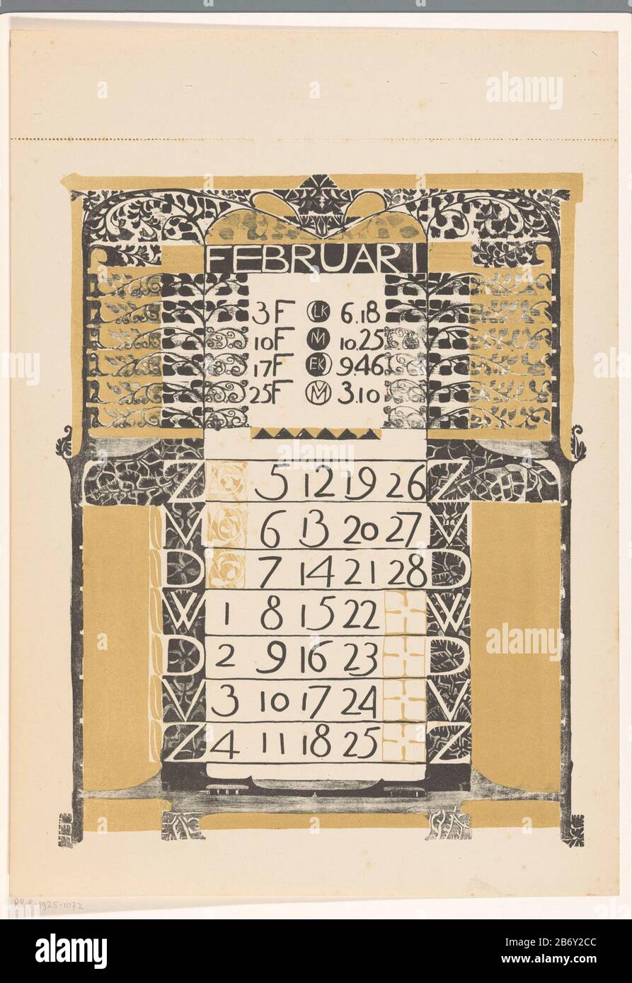 Kalenderblad februari 1899 Calendrier Journal Février 1899 Type d'objet : imprimer fiche calendrier Numéro d'article: RP-P-1925-1072 Inscriptions / marques: Marque du collectionneur, verso, estampillée: Lugt 2228 Fabricant : printmaker: Carel Adolph Lion Cachet Éditeur: Scheltema & HolkemaPlaats: Amsterdam Date de fabrication: 1899 Caractéristiques physiques: Lithographe noir: Technique du papier: Lithographie (technique) Dimensions: Feuille: H 398 mm × W 281 mmToelichtIn 1898 fabriqué Gerrit Willem Dijsselhof, Carel Adolph Lion Cachet et Theo Nieuwenhuis ensemble un calendrier pour l'année 1899. Lion C Banque D'Images