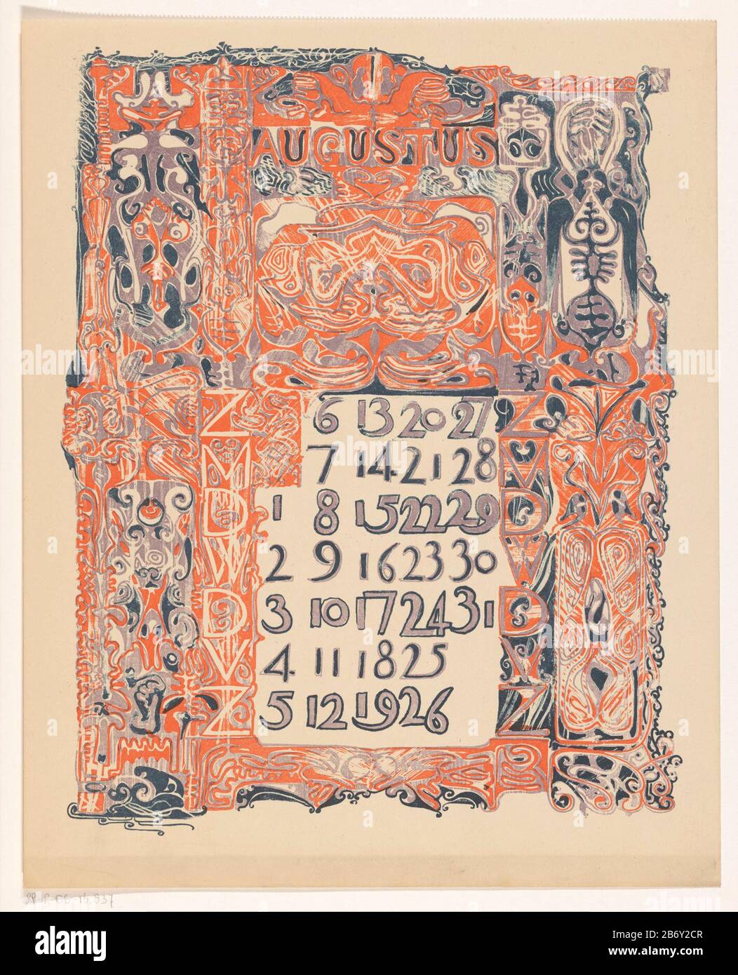 Kalenderblad augustus 1899 Calendrier Journal Août 1899 Type d'objet : imprimer la feuille de calendrier Numéro d'article: RP-P-OB-16.837 Inscriptions / marques: Marque du collectionneur, verso, estampillé: Lugt 2228 Fabricant: Printmaker: Carel Adolph Lion Cachet Éditeur: Scheltema & HolkemaPlaats: Amsterdam Date de fabrication: 1899 Caractéristiques physiques: Bleu foncé: Lithographe: Bleu: Bleu: Bleu foncé et bleu: Technique du papier: Lithographie (technique) Dimensions: Feuille: H 348 mm × W 280 mmToelichtIn 1898 fabriqué Gerrit Willem Dijsselhof, Carel Adolph Lion Cachet et Theo Nieuwenhuis ensemble un calendrier pour l'année 189 Banque D'Images