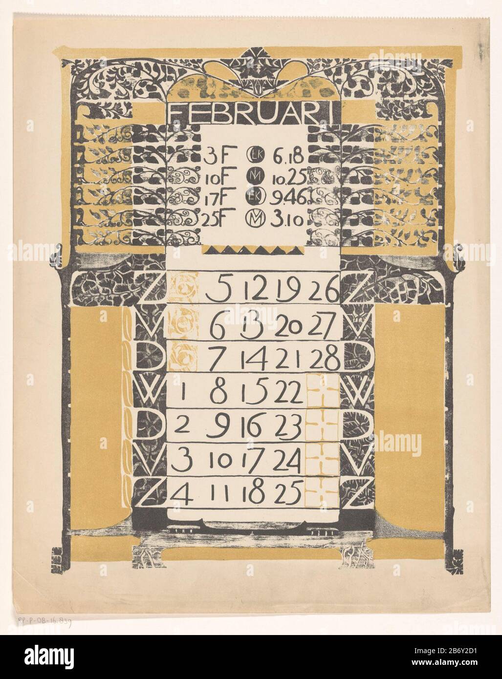 Kalenderblad februari 1899 Calendrier Journal Février 1899 Type d'objet : imprimer fiche calendrier Numéro d'article: RP-P-OB-16.839 Inscriptions / marques: Marque du collectionneur, verso, estampillé: Lugt 2228 Fabricant : printmaker: Carel Adolph Lion Cachet Éditeur: Scheltema & HolkemaPlaats fabrication: Amsterdam Date: 1899 Caractéristiques physiques: Papier: Papier jaune: Lithographie (technique) Dimensions: Feuille: H 350 mm × W 280 mmToelichtingIn 1898 fabriqué Gerrit Willem Dijsselhof, Carel Adolph Lion Cachet et Theo Nieuwenhuis ensemble un calendrier pour l'année 1899. Lion C Banque D'Images